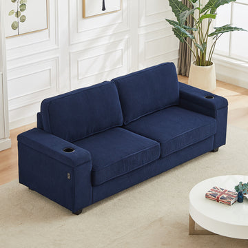 86.5 Inch Sofa Couch Deep Seat Sofa With Two Storage Spaces, T Pyce Charging Portsusb Charging Ports & 2 Cup ,Corduroy 3 Seater Couch, Modern Sofas For Living Room Blue Foam Corduroy 3 Seat