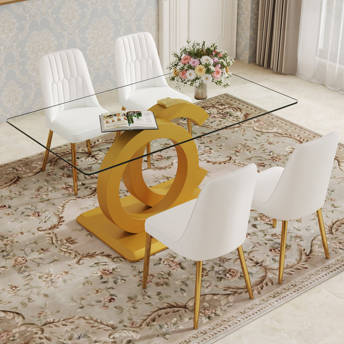 Table And Chair Set.63"W X 35.4"D X 30"H Clear Tempered Glass Desk And Chair Set With 4 White Pu Chairs With Gold Metal Legs.Bring A Comfortable Home Experience To The Kitchen, Bedroom, And Office.