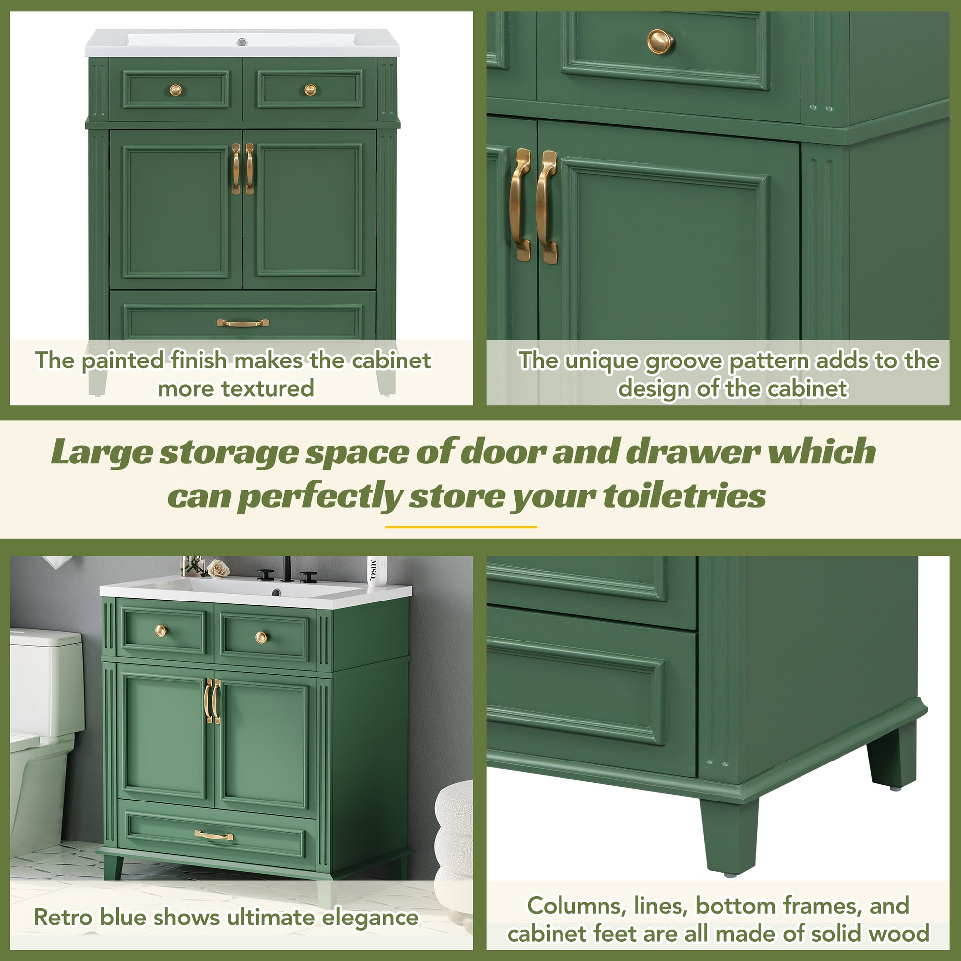 30'' Bathroom Vanity Without Top,Solid Wood Frame Bathroom Storage Cabinet With Soft Closing Doors,Frame Bathroom Storage Cabinet Only, Retro Style, Green 1 Green 2 Bathroom Freestanding Modern Solid Wood Mdf Resin Painted