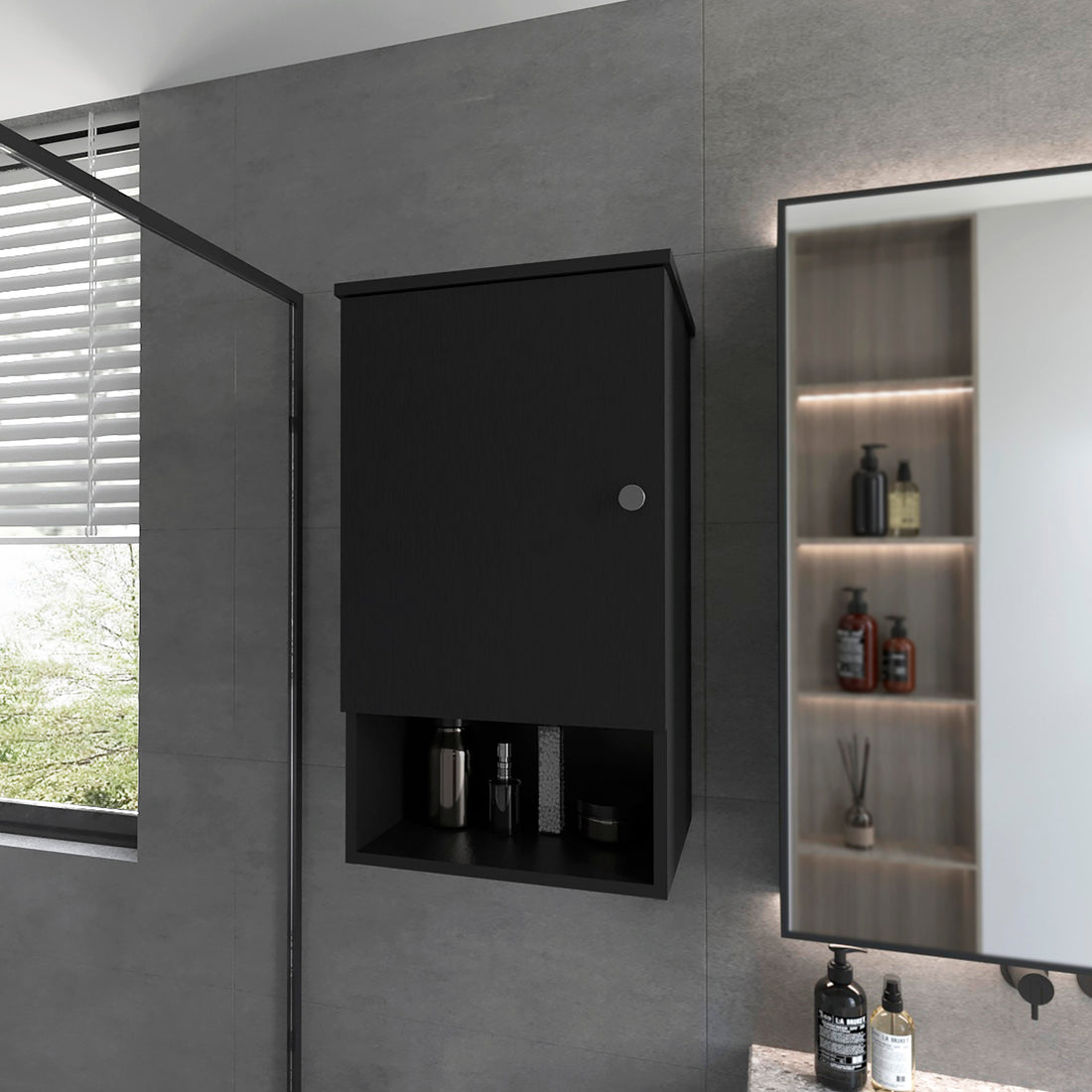 Carrizo Medicine Cabinet In Melamine With One Door, Black Black 1 3 24 To 31 In Bathroom Wall Mounted Minimalist,Modern 10 15 Inches Particle Board Melamine