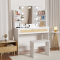 Vanity Desk Set Stool & Dressing Table With Led Lighting Mirror Drawer And Compartments Modern Wood Cosmetic Table Chest Of Drawers White Color Gloss White White 1 Drawer Bedroom Wood