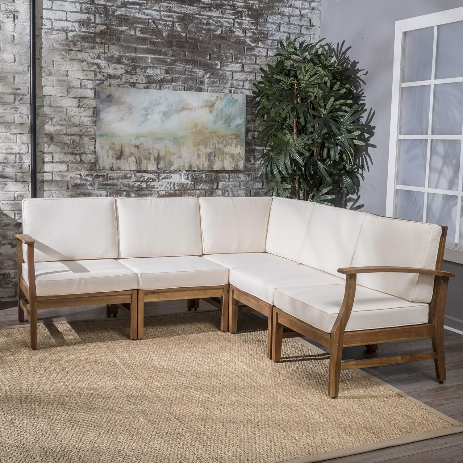 Perla 5 Pcs Sofa Set, Cream Cream Acacia Wood
