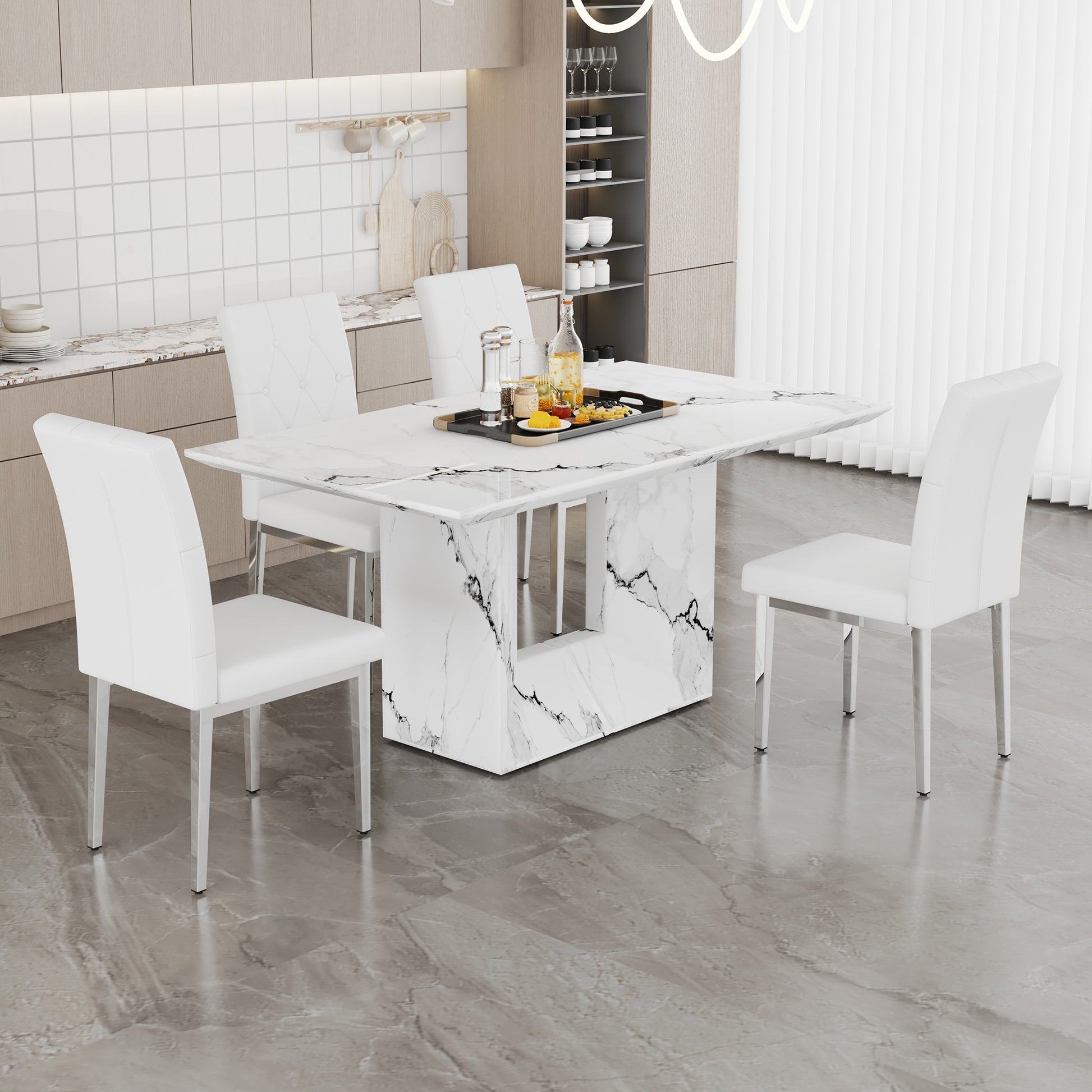 Table And Chair Set.63"X35.4" White Marble Patterned Mdf Dining Table Set With 4 Armless White Pu Chairs.Showcasing A Modern And Stylish Look. White Seats 4 Mdf Metal