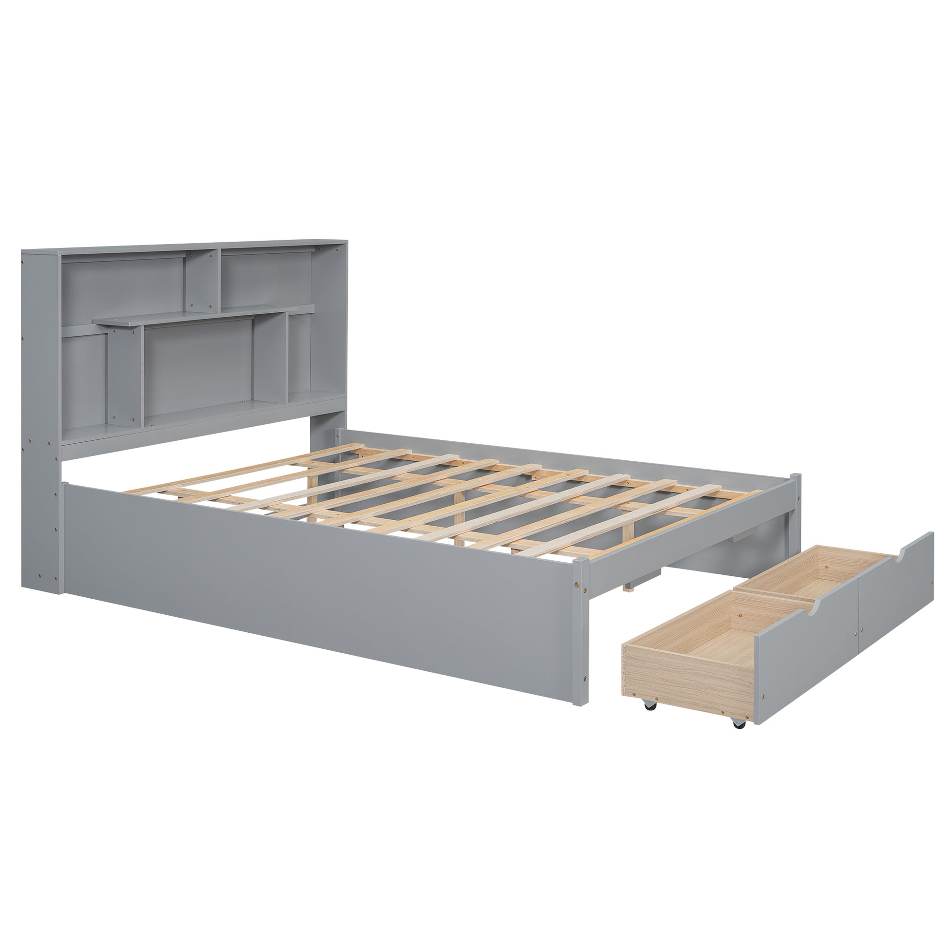 Queen Size Platform Bed With Storage Headboard And 2 Drawers, Gray Box Spring Not Required Queen Gray Wood Bedroom Bed Frame Solid Wood Mdf