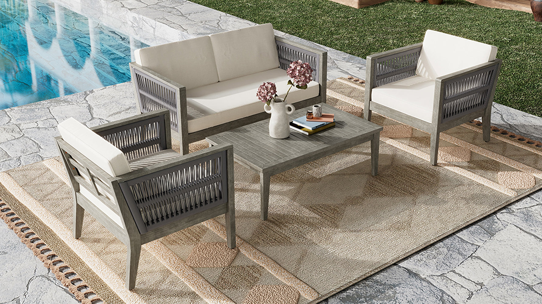 4 Pieces Acacia Wood Patio Furniture Set, Outdoor Furniture With Coffee Table, Patio Conversation Set Deep Seating With Soft Cushion, Porch Chairs For Garden, Backyard Porch Balcony, Grey & Beige Yes Deep Seating Beige Grey Seats 4 Garden & Outdoor Sofa