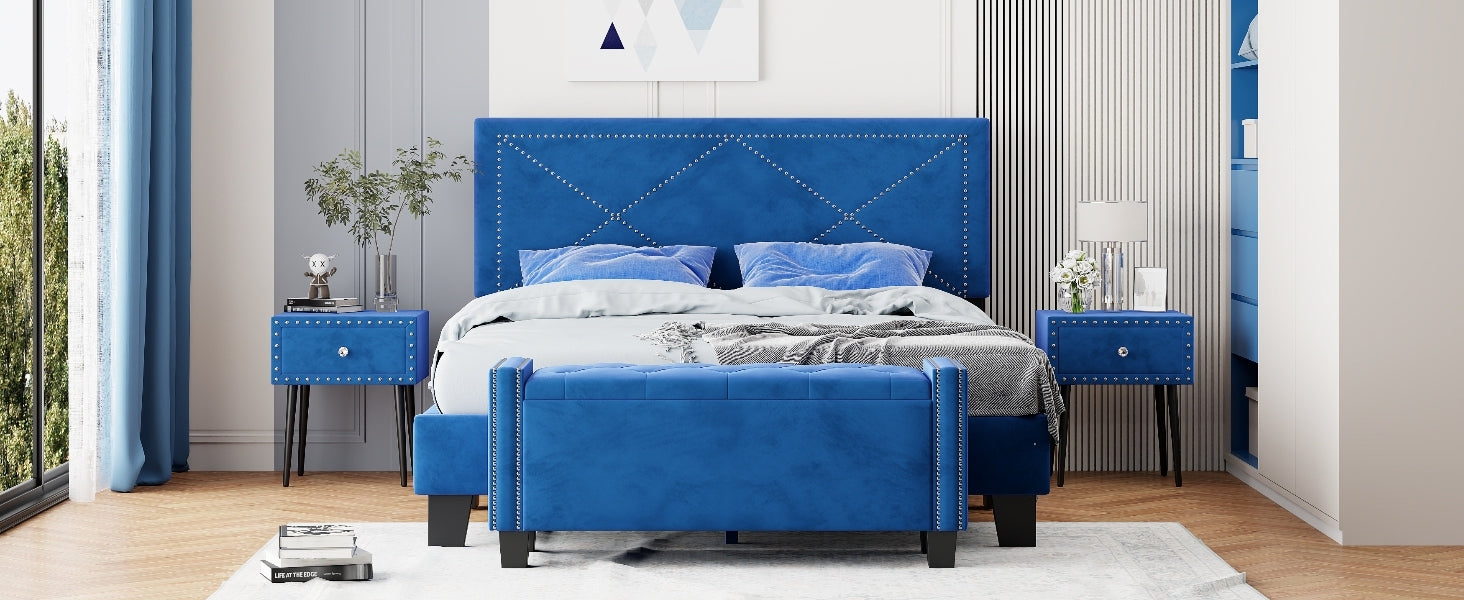 4 Pieces Bedroom Sets Queen Size Upholstered Bed Frame With Rivet Design,Nightstands And Tufted Storage Ottoman,Blue Box Spring Not Required Queen Blue 4 Piece Set Solid Wood Mdf