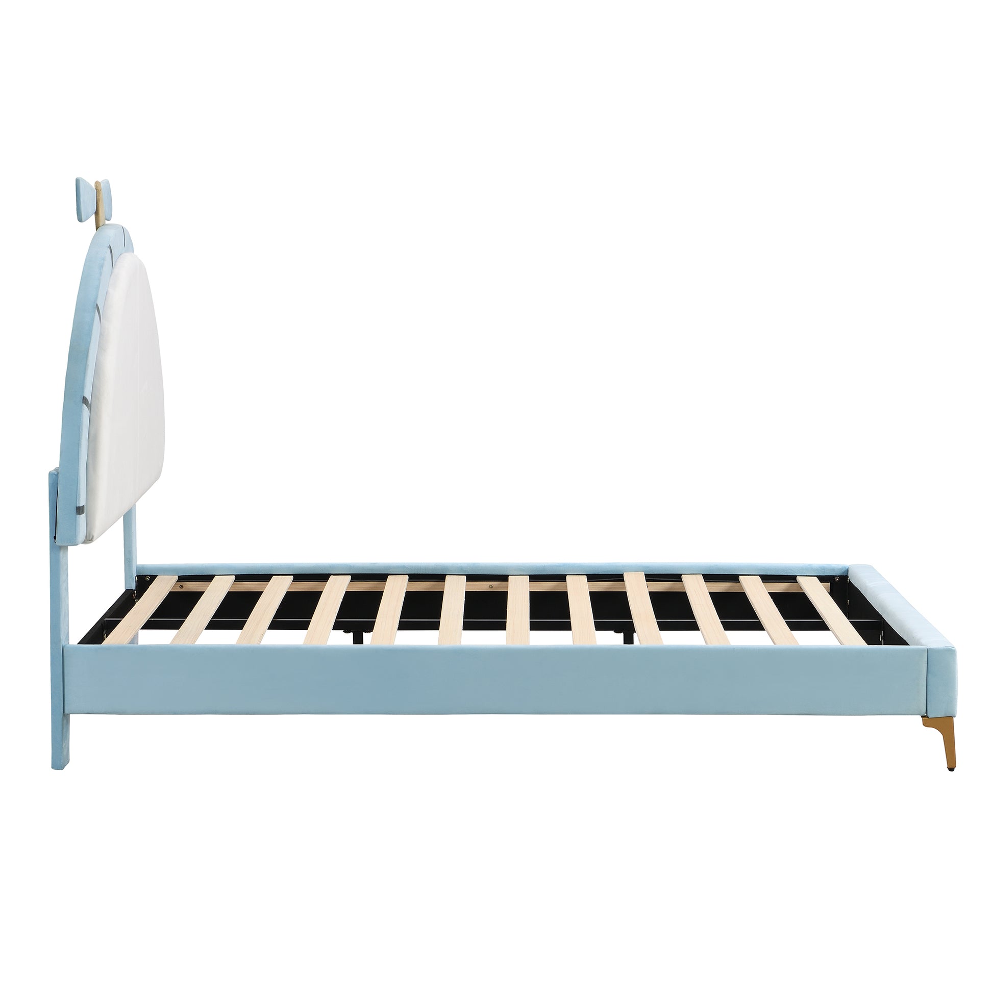 Full Size Upholstered Platform Bed With Alarm Clock Shaped Headboard, Blue Box Spring Not Required Full Blue Wood Bedroom Bed Frame Velvet Upholstered