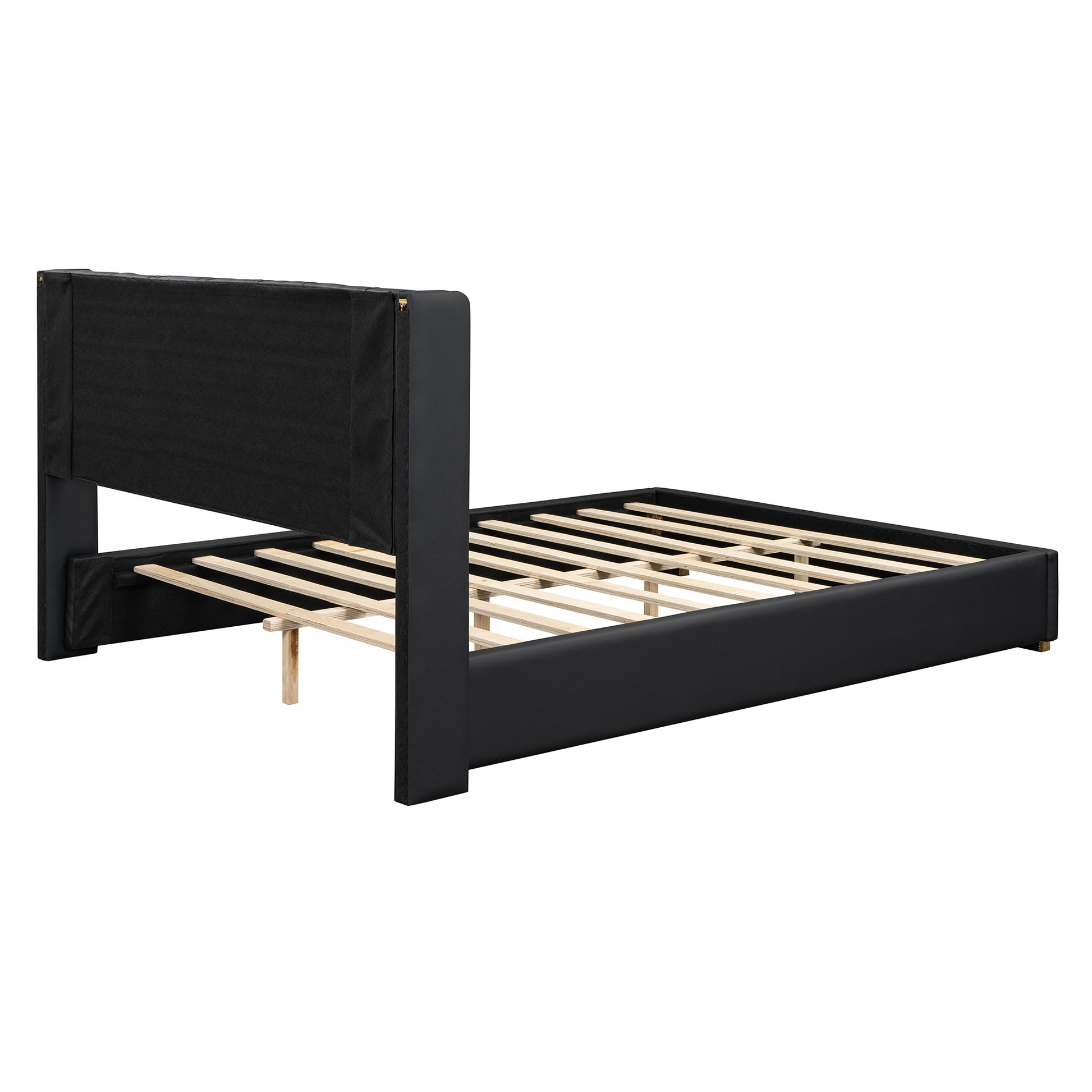 Queen Size Upholstered Platform Bed With Metal Strips, Black Queen Black Pu