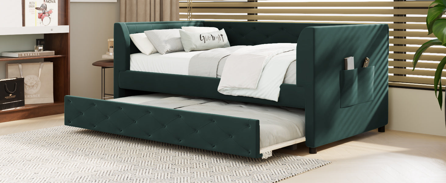 Twin Size Upholstered Velvet Tufted Daybed With Trundle, Green Box Spring Not Required Twin Green Wood Daybeds Velvet Solid Wood Mdf,Velvet