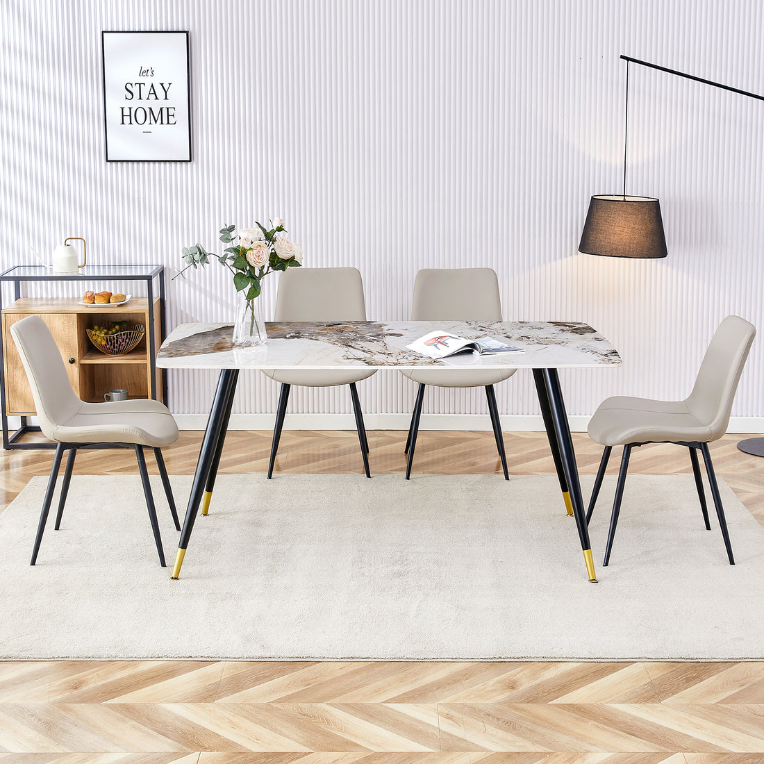 Table And Chair Set,Imitation Marble Texture Rock Board Table Top, Black Metal Table Legs, Stable And Beautiful. Modern Simple Dining Table, Comfortable Seating. White Gray Seats 4 Metal