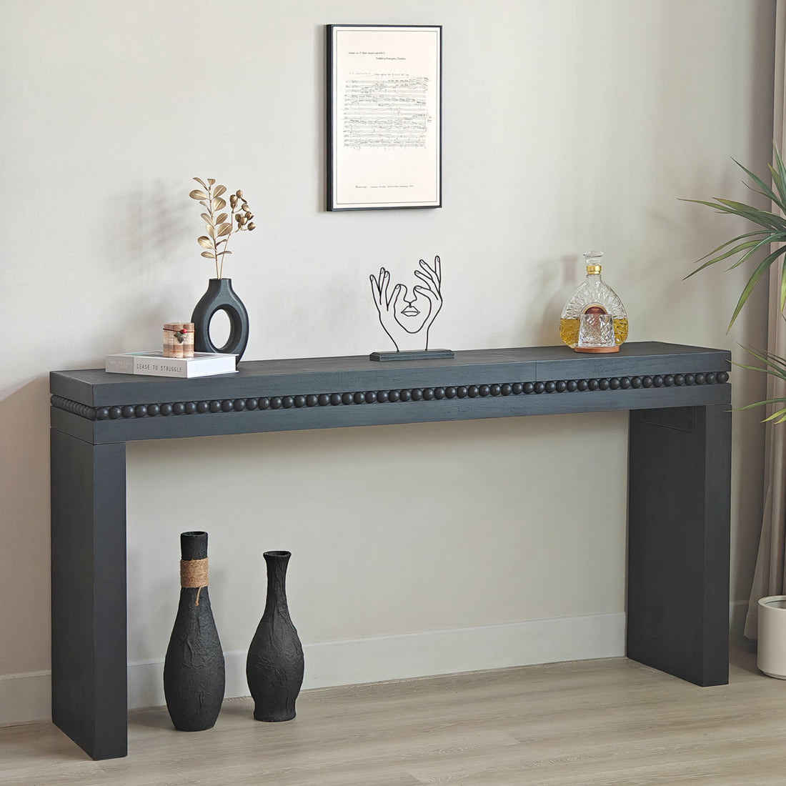 Convenience Concepts Wood Console Table Desk With Real Wood Beads Decoration Antique Black,Black,Wood Distressed Finish Desk Top Primary Living Space Farmhouse,Industrial,Modern Fir Rectangular Powder Coated Console Tables Rectangular Engineered