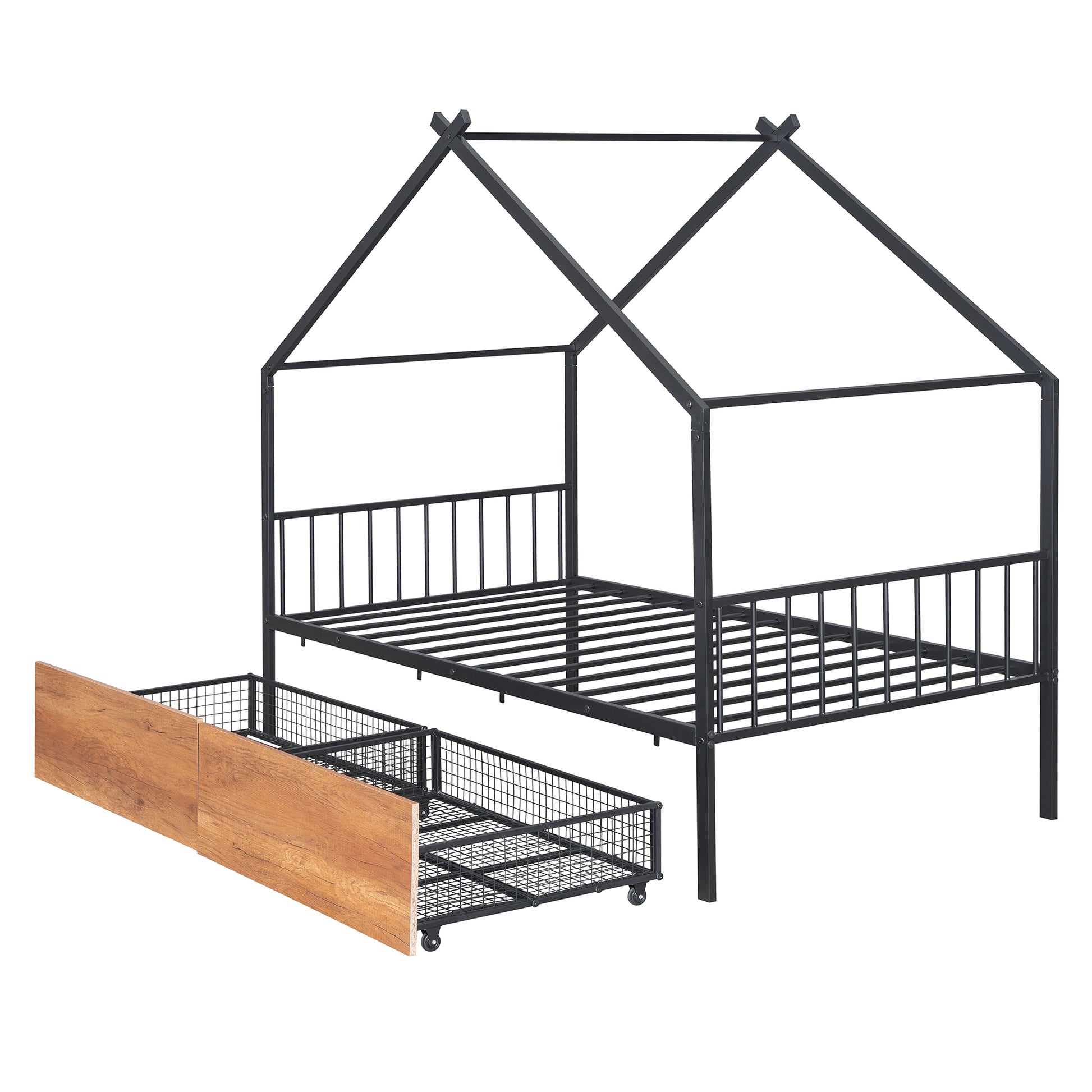 Twin Size Metal House Bed With Two Drawers, Black Twin Black Metal