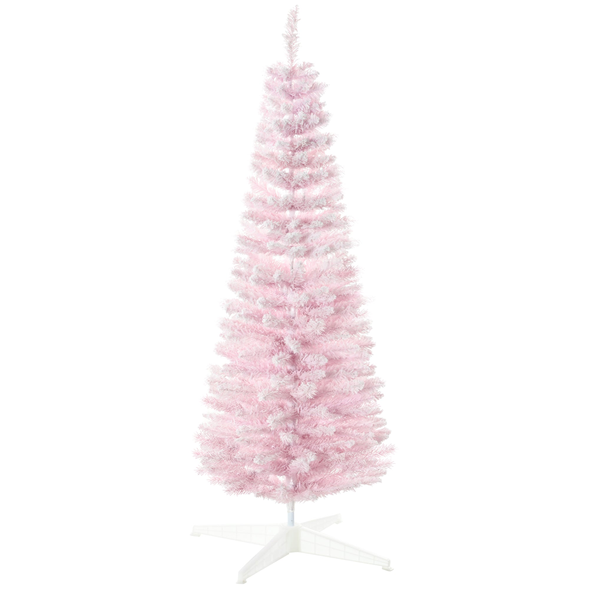 Homcom 5' Snow Flocked Artificial Pencil Christmas Tree, Slim Xmas Tree With Realistic Branches And Plastic Base Stand For Indoor Decoration, Pink Pink Plastic