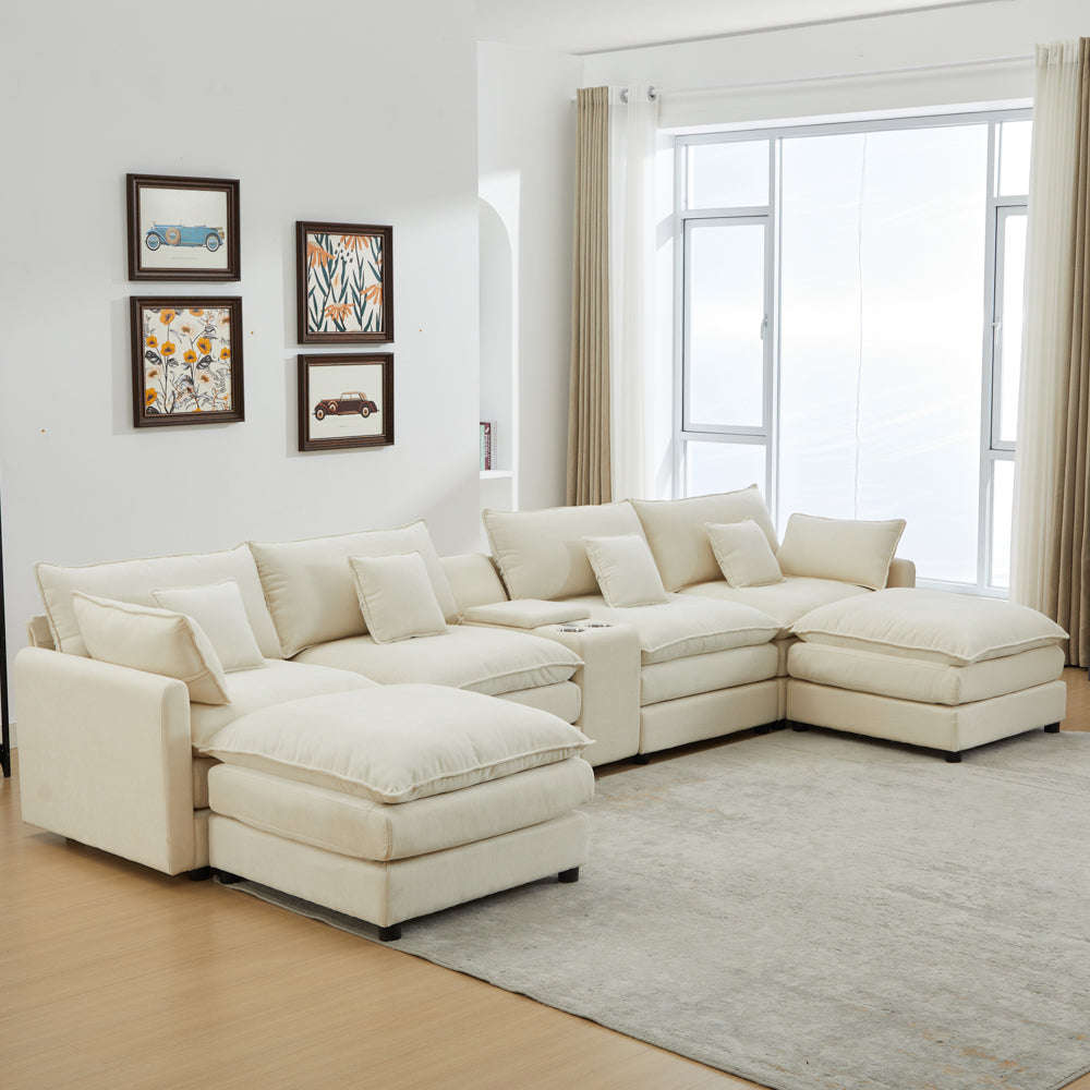 Piece Upholstered Sectional,Sectional Sofa Couch,4 Seat Sectional Couches For Living Room U Shaped Modern Chenille Sofa Sleeper With Coffee Table White White Chenille 4 Seat