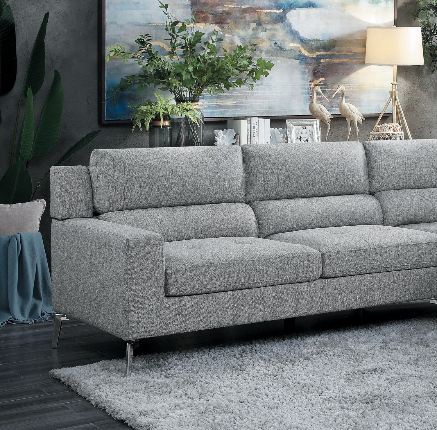 Contemporary Living Room Gray 2 Piece Sectional With Right Chaise Rounded End Plush Back Chrome Finished Legs Luxury Look Solid Wood Furniture Gray Polyester Wood Primary Living Space Contemporary,Modern Solid Wood 4 Seat