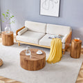 Modern Minimalist Set Of Three Wood Color Cylinder Marble Patterned Mdf Coffee Tables.The Cylindrical Table With Its Patterned Design Can Be Easily Integrated Into A Variety Of Interior Styles. Wood