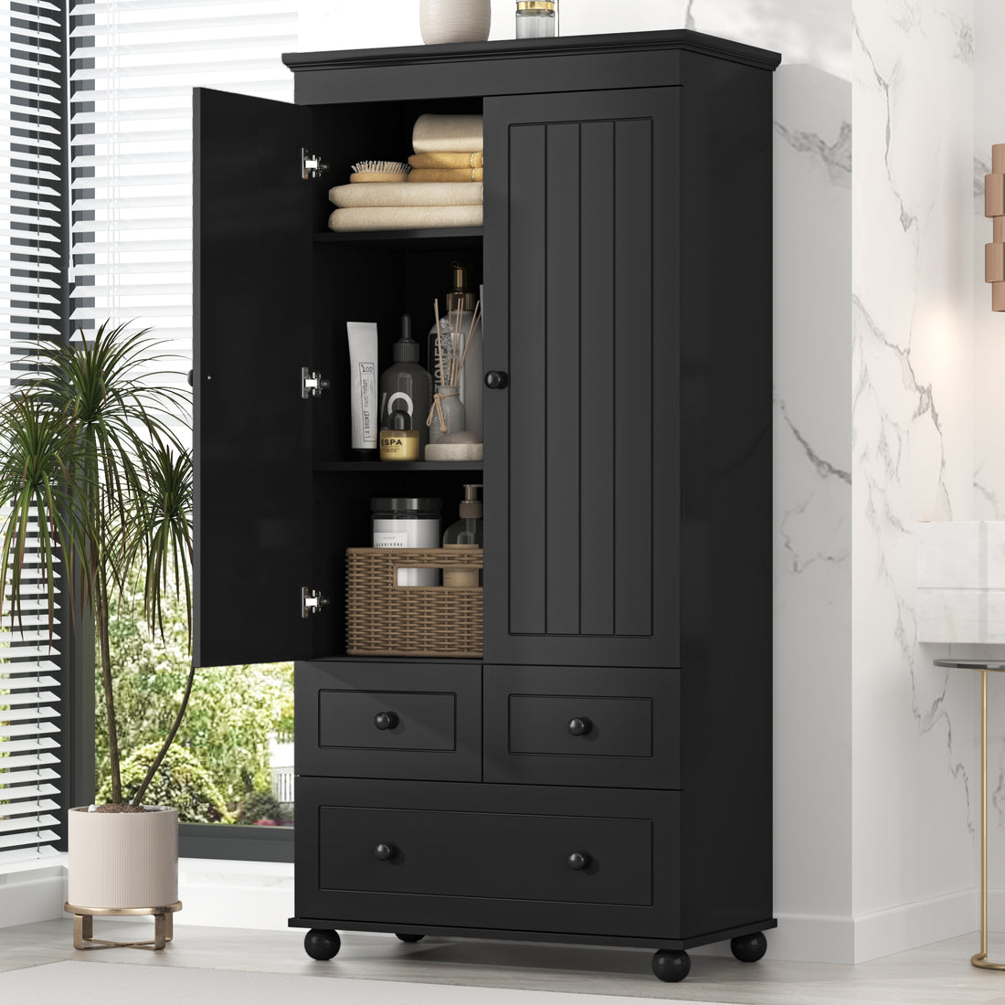 Tall Storage Cabinet With Three Drawers For Bathroom Office, Black Black Mdf