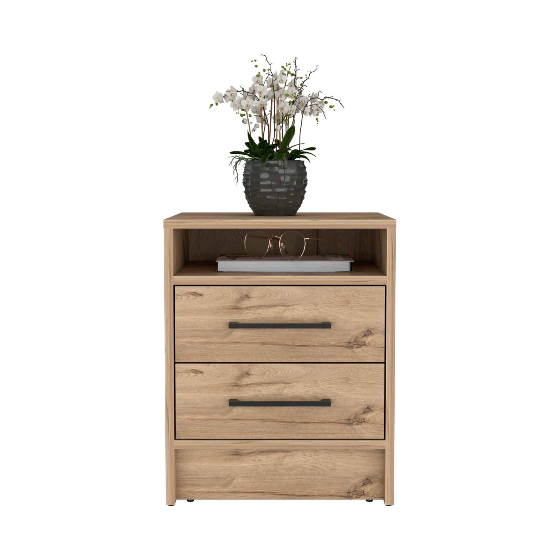 Nightstand 20"H, Two Drawers, Superior Top, Metal Handles, Light Oak Beige Particle Board Particle Board