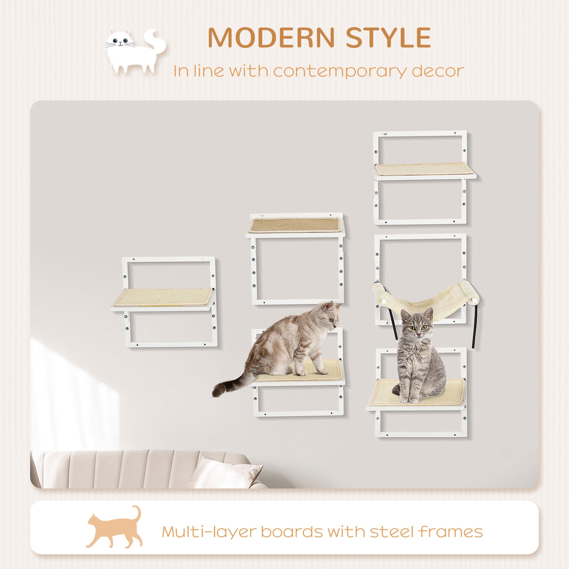 Pawhut 6 Pc Modern Cat Wall Shelves For Indoor Cats, Height Adjustable Jumping Platforms & Cat Hammock, Cat Shelves And Perches For Wall Mounted Cat Tree, Cat Climbing Shelf Set, Cream Cream White Particle Board