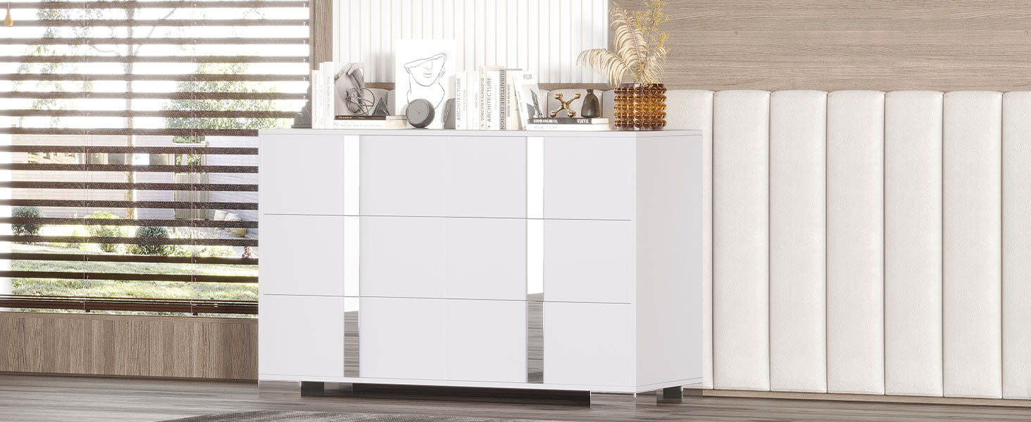 Elegant Modern Dresser With Metal Handle,Mirrored Storage Cabinet With 6 Drawers For Bedroom,Living Room,White White Mdf Metal