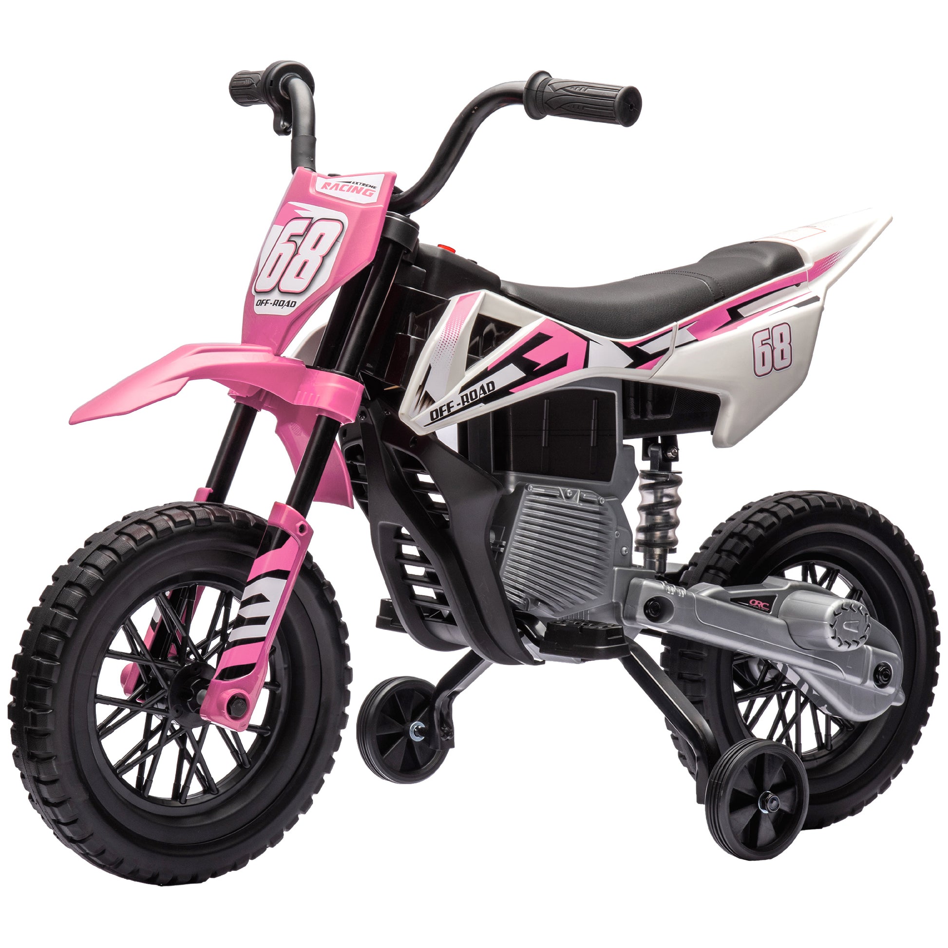 Qaba Kids Dirt Bike With Twist Grip Throttle, 12V Electric Motorcycle, Electric Bike For Toddler With Training Wheels, Rear Suspension & Music For Ages 3 6 Years, Pink Pink Plastic