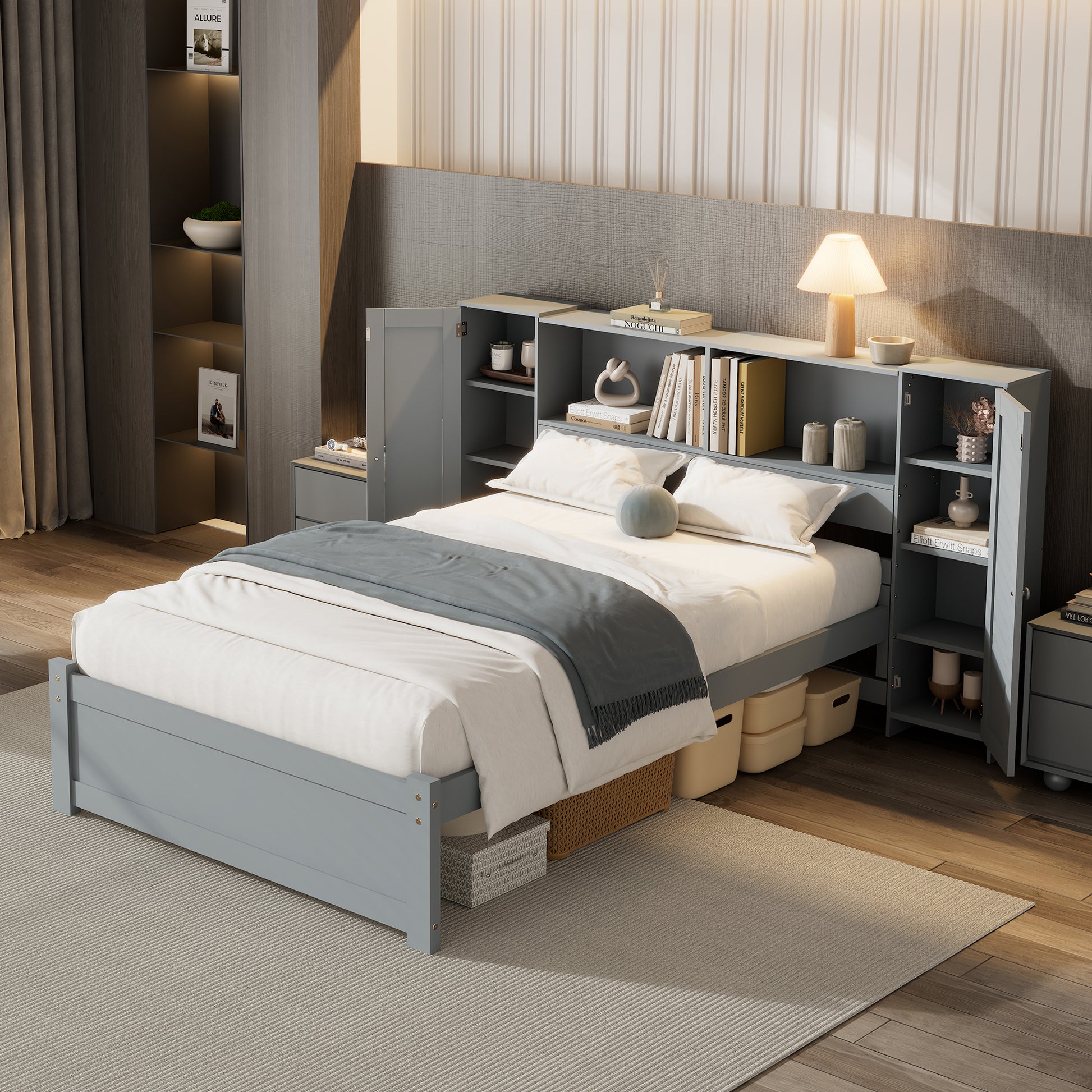 Twin Size Platform Bed With Storage Headboard And Lockers, Gray Twin Box Spring Not Required Gray Wood Bedroom Solid Wood Mdf