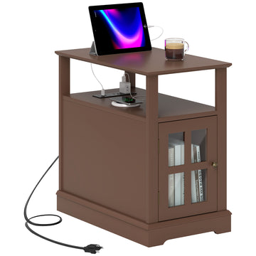 Homcom End Table With Charging Station, Narrow Side Table With Usb Ports And Outlets, Small Table With Hidden Storage And Open Shelf For Living Room, Brown Brown Mdf