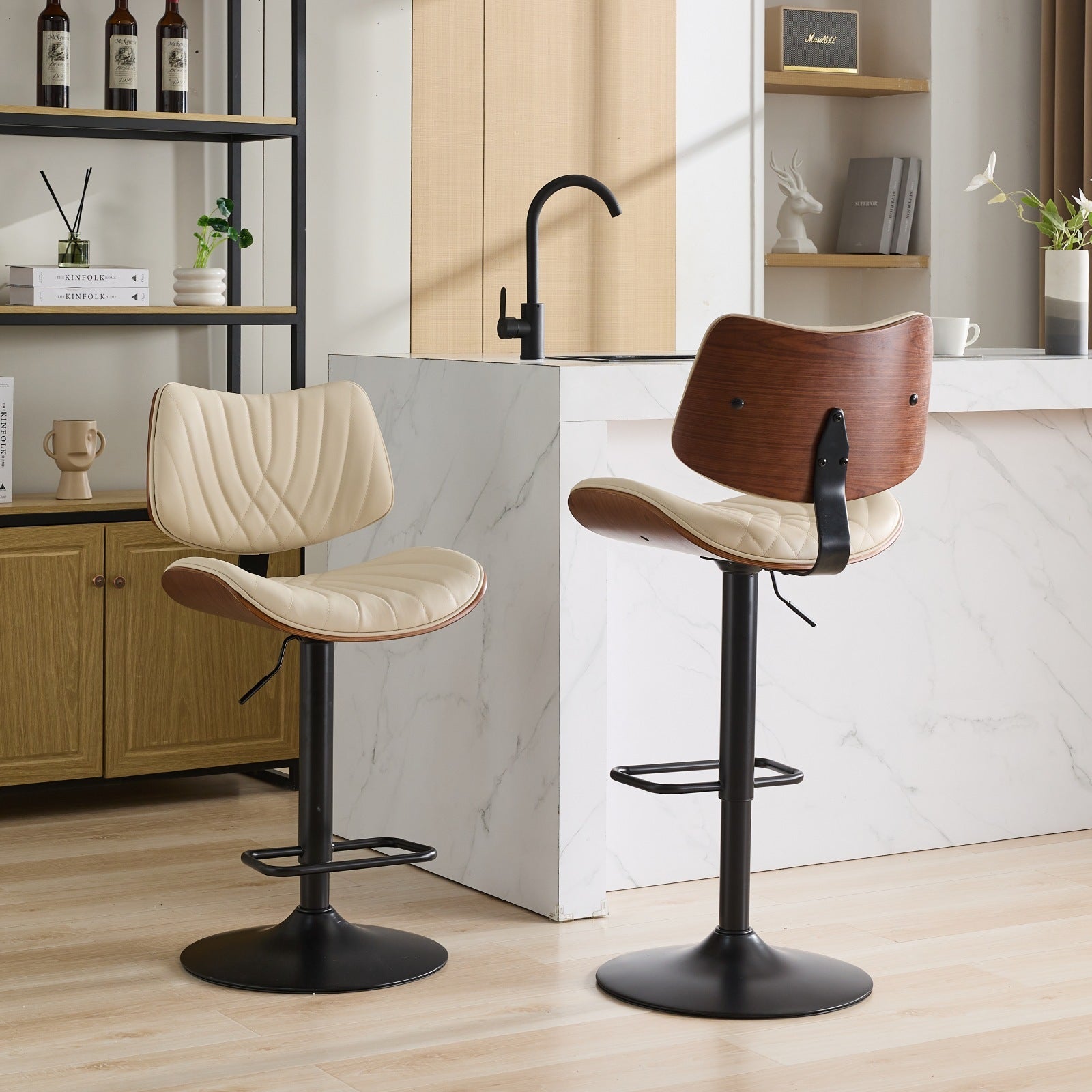 Walnut Bentwood Bar Stools Mid Century Modern Adjustable Counter Height Black Leather Upholstered 360 Swivel Bar Chairs For Kitchen Island Dining Room Cafe, 1 Chair 1Carton,Beige Beige American Design 1 Foam Pu Leather