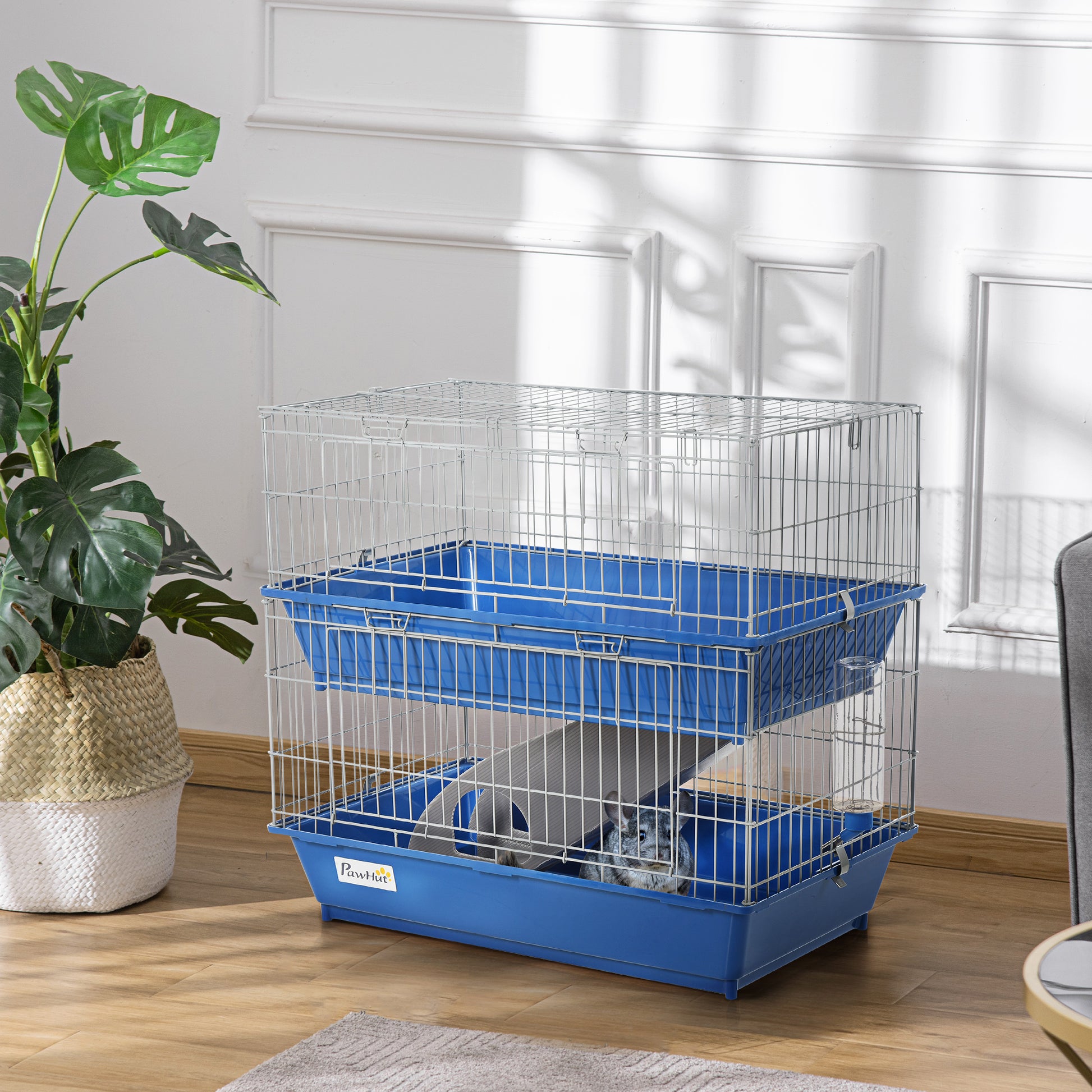 Pawhut 2 Tier Guinea Pig Cage, Ferret Cage, Chinchilla Cage, Small Animal Cage Indoor With Dish And Bottle, 2 Doors, Deep Bottoms, Ramp, 28", Blue Blue Iron Plastic