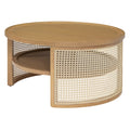 2 Tiered Round Natural Wood Coffee Table With Storage Rattan Base In 31.3'' Natural Rubber Wood