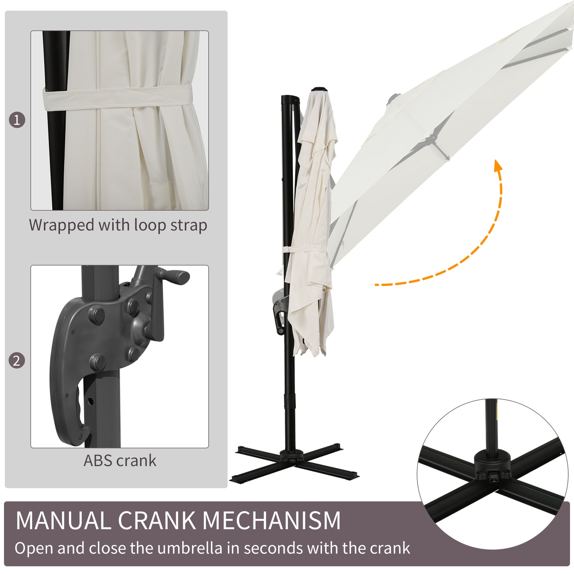 Outsunny 8Ft Cantilever Patio Umbrella, Square Outdoor Offset Umbrella With 360 Rotation, Aluminum Hanging Umbrella With 3 Position Tilt, Crank & Cross Base For Garden, Cream White Off White Steel