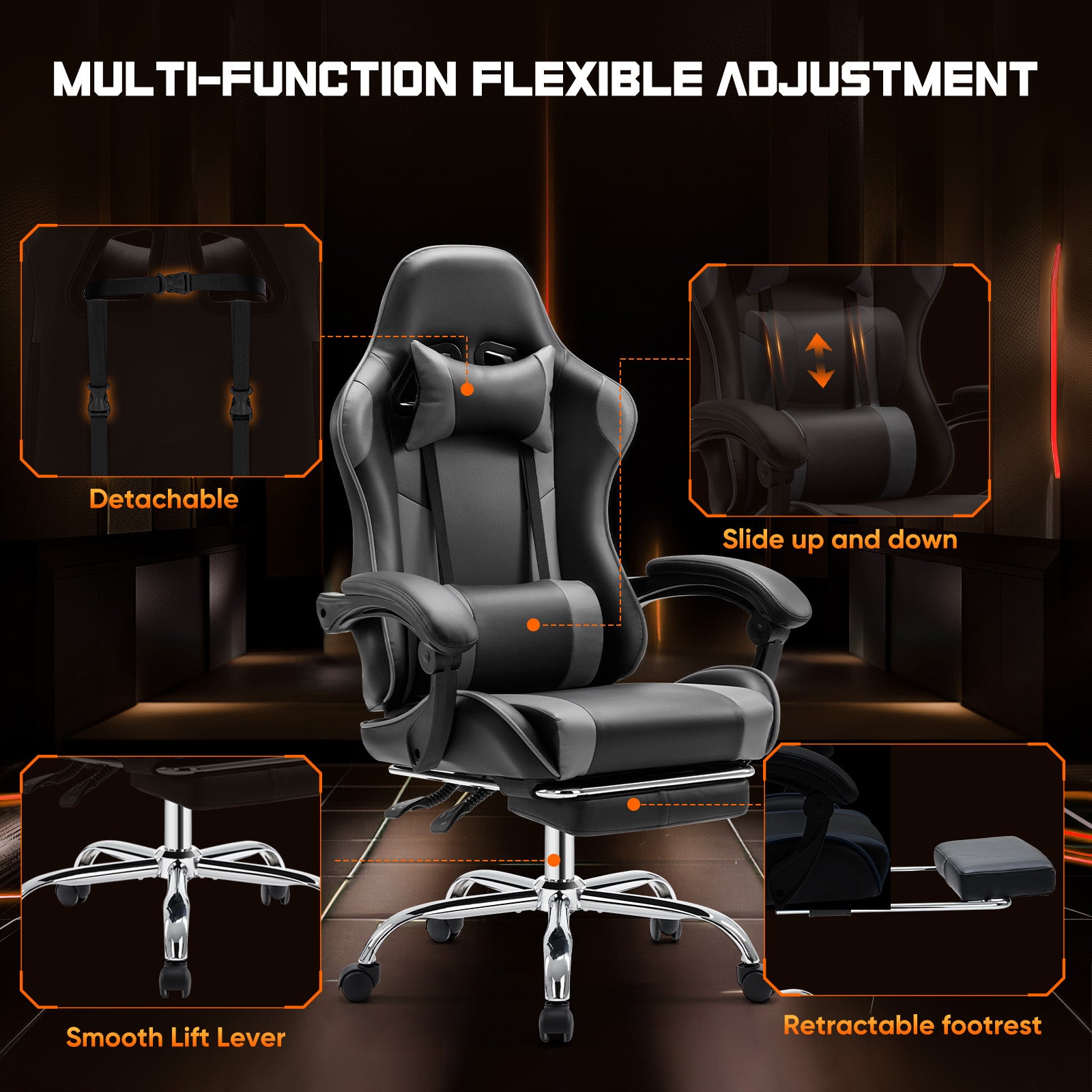 Video Game Desk Chair Ergonomic Computer With Footrest And Comfy Lumbar Support, Pu Leather Recliner With Headrest, Fixed Up Armrest, Height Adjustable With 360 Swivel, For Adults, Gray Black Gray Faux Leather