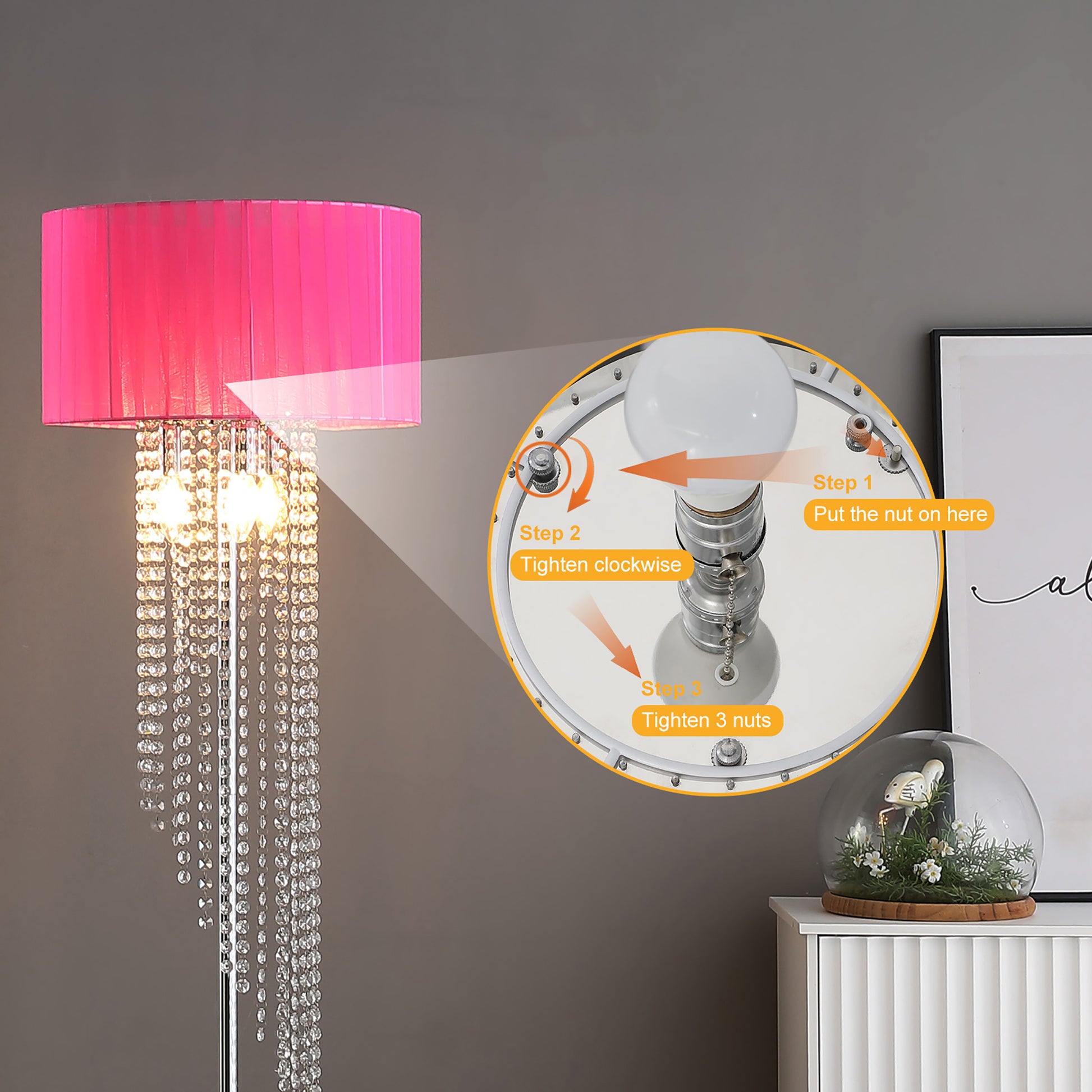 65.75"H Sheer Hot Pink Drum Shade Rain Crystal Chrome Metal Floor Lamp For Living Room, Standing Lamp For Bedroom Multicolor Metal