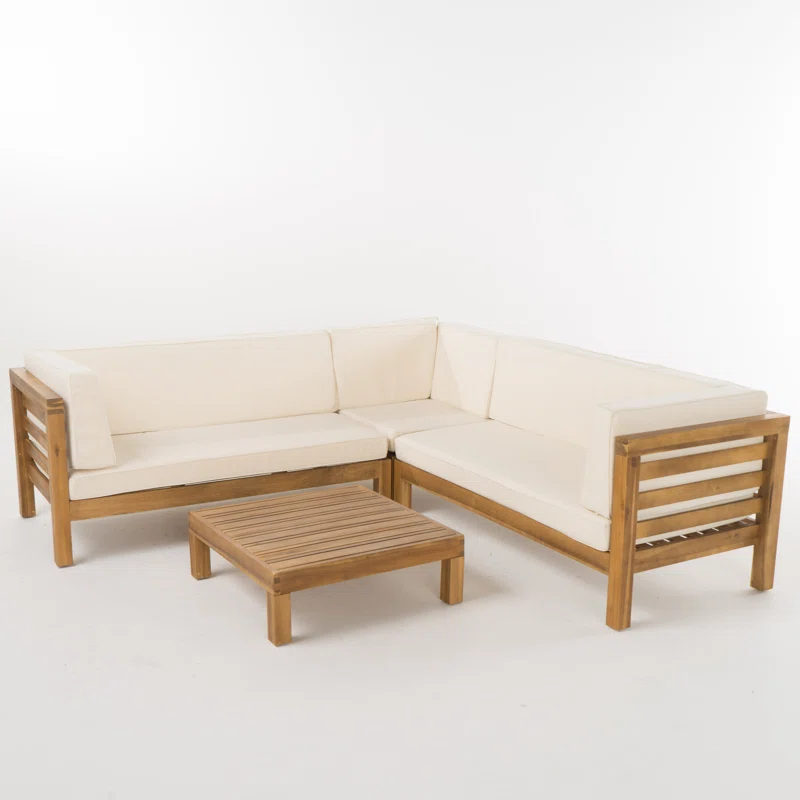 Oana Outdoor Wooden Sectional Set With Cushions, Beige Beige Acacia Wood