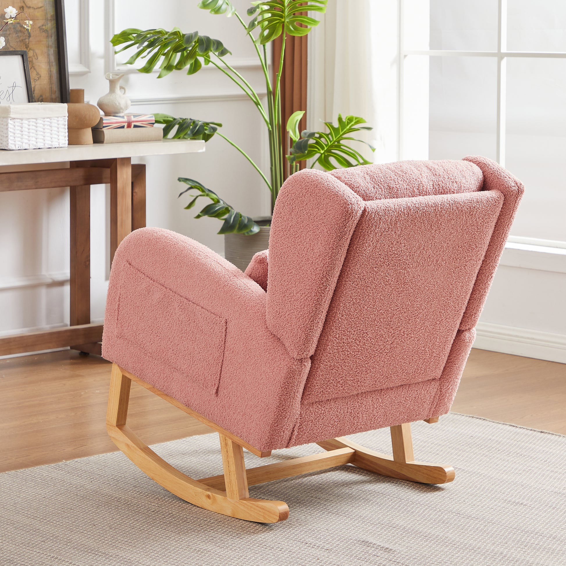 27.2"W Modern Accent High Backrest Living Room Lounge Arm Rocking Chair, Two Side Pocket Pink Foam Fabric