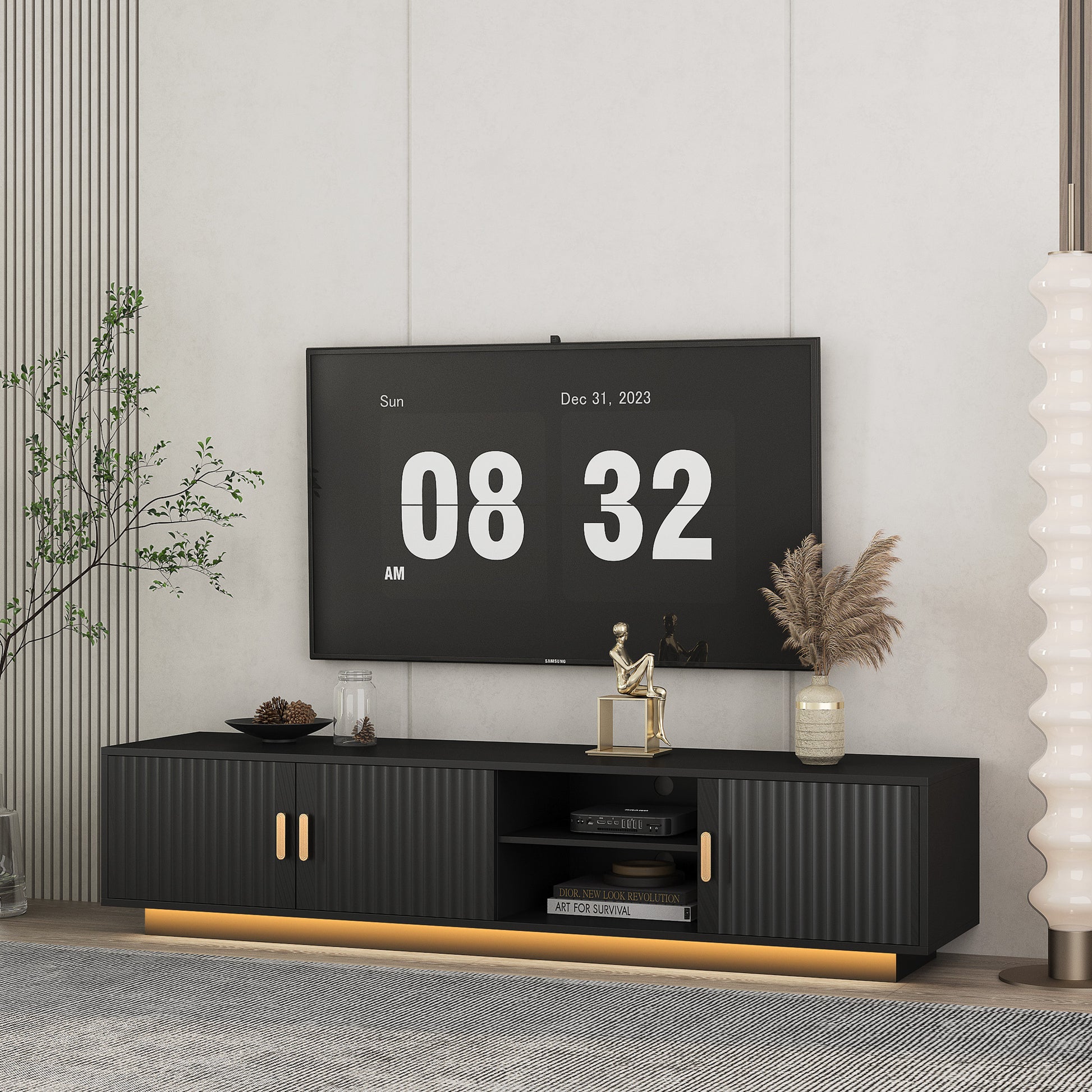 Mid Century Modern Tv Stand With Led Lights For 80 Inch Tv, Entertainment Center Wooden Tv Stand, Tv Stand Desk Media Cabinet With Storage For Living Room Bedroom Black 60 69 Inches Mdf