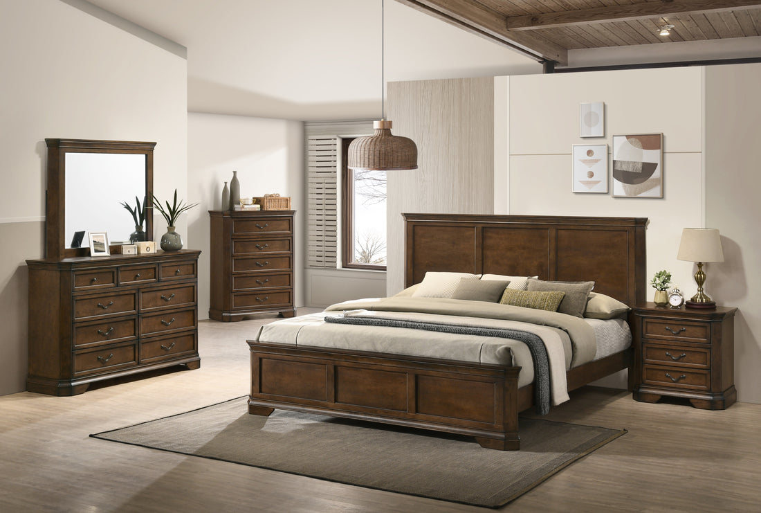 Maderne Traditional Wood Panel 5 Pieces King Bed Set With Dresser, Mirror, Nightstand And Chest Box Spring Required King Walnut Brown Wood Brown 5 Piece Set Bedroom Bed Included,Chest Included,Dresser Included,Mirror Included,Nightstand Included American