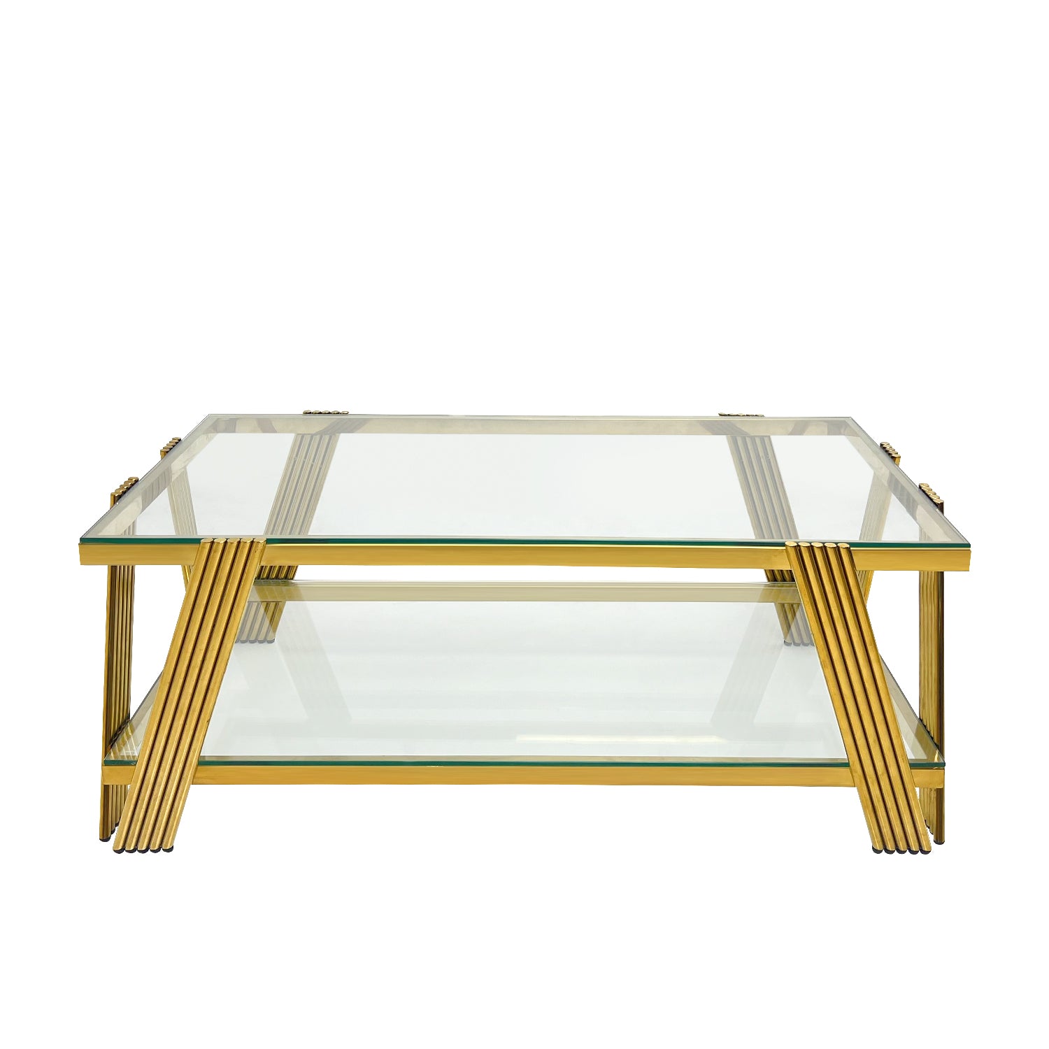 47" Wide Rectangle Modern Stainless Steel Coffee Table, Double Layer Clear Tempered Glass Coffee Table, Center Table With Storage, For Living Room Home Office, Easy Assembly, Gold Clear,Gold Modern