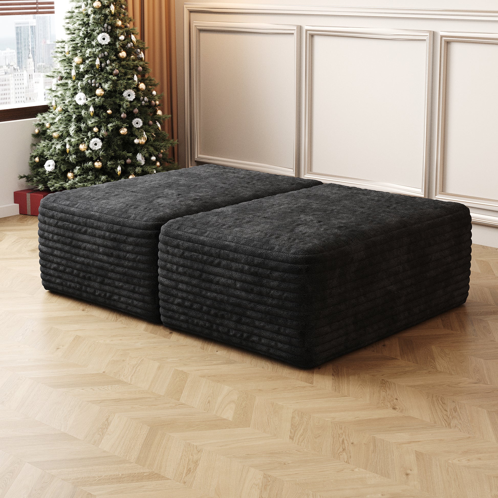 Sofa Ottoman ,No Assembly Required,Black Plush Corduroy Fabric Black Modern Foam Foam 1 Seat