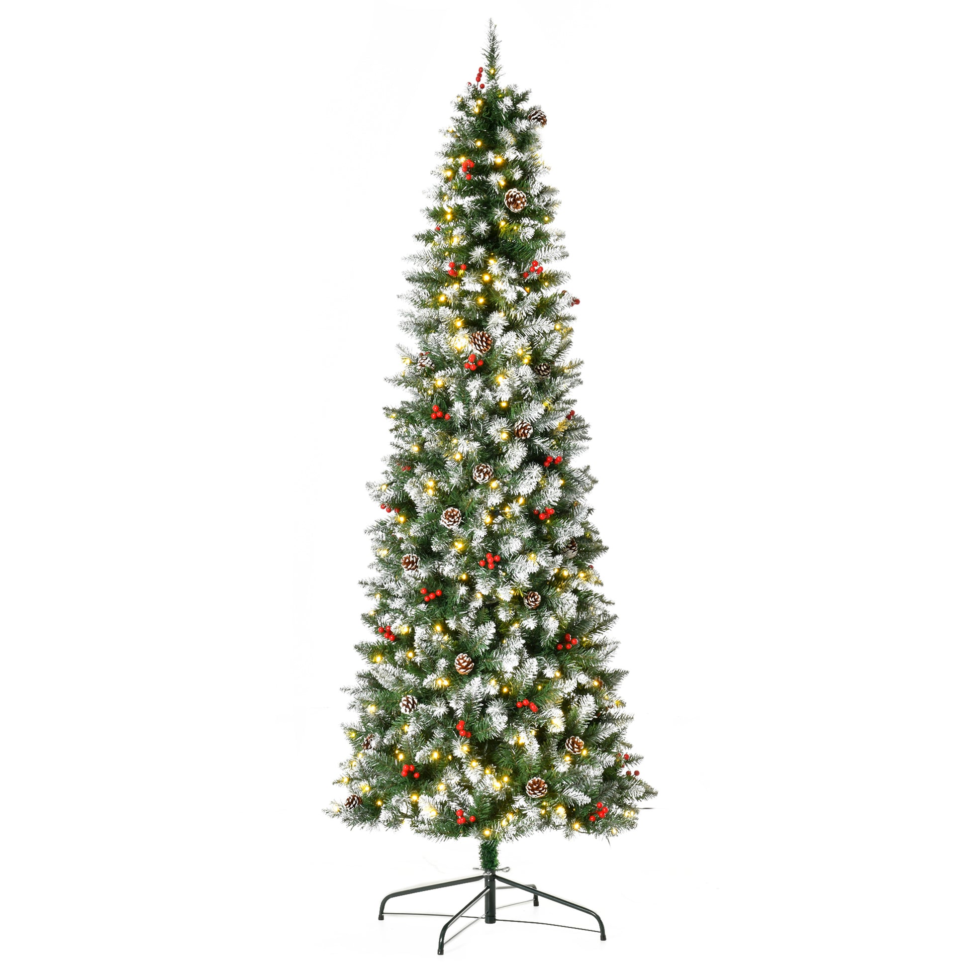 Homcom 7.5Ft Pre Lit Snow Dipped Artificial Christmas Tree With Realistic Branches, 350 Led Lights, Pine Cones, Red Berries And 1075 Tips Green Pvc