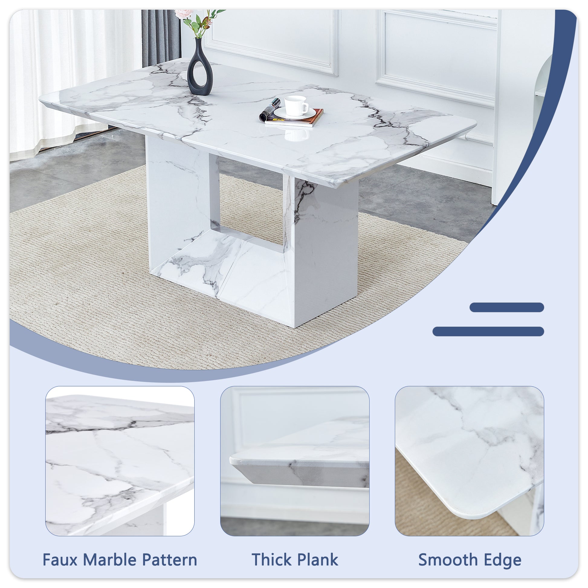 Table And Chair Set.63"X35.4" White Marble Patterned Mdf Dining Table Set With 4 Armless White Pu Chairs.Showcasing A Modern And Stylish Look. White Seats 4 Mdf Metal