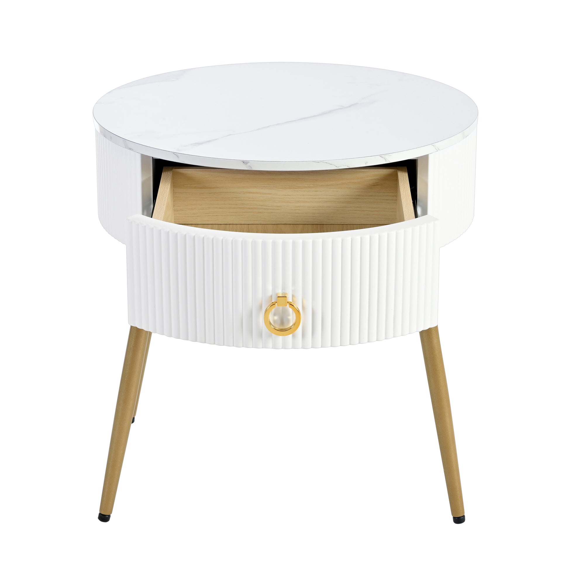 19.6'' Easy Assembly End Tables With High Gloss Faux Marble Tabletops, Set Of 2, Modern Fluted 2 Side Tables With Drawers, Round Coffee Tables With Golden Legs For Living Room, White White Gold Primary Living Space Drawers Round Mdf Iron