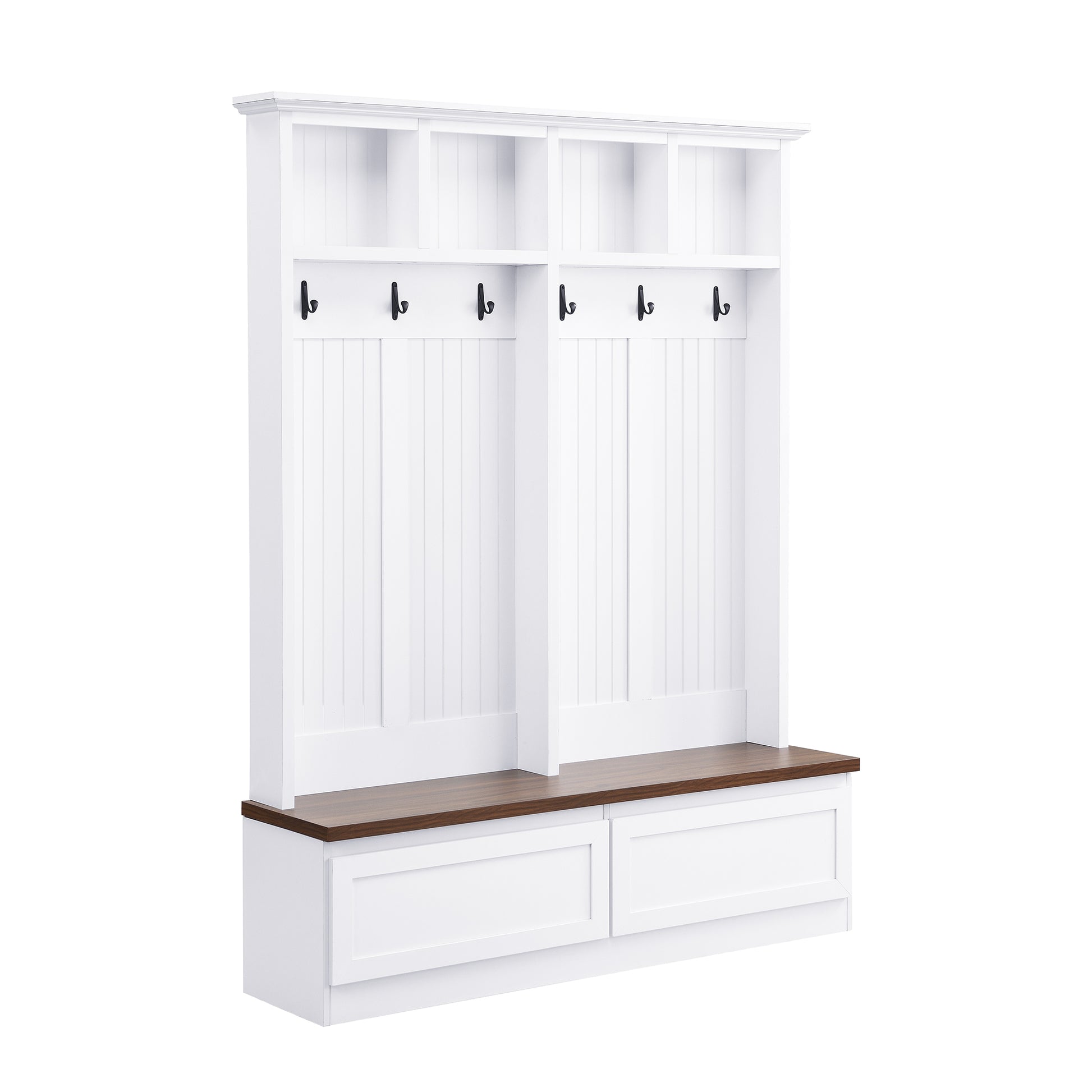 Farmhouse 4 In 1 Hall Tree With Wood Grain Bench, Mudroom Versatile Coat Rack With 2 Large Drawers, Large Entrance Organizer With 6 Black Hooks For Hallway, Living Room, White, 55.9"Wx75.6"H White