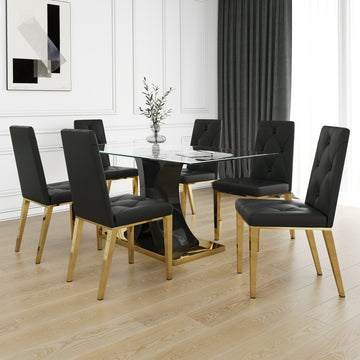 Modern Style Glass Dining Table, Elegant Transparent Design, Solid Support Base, Black Dining Chair Set, Gold Plated Chair Legs, Suitable For Restaurant Kitchens Set Of 7 Metal Gold Black Mdf Glass