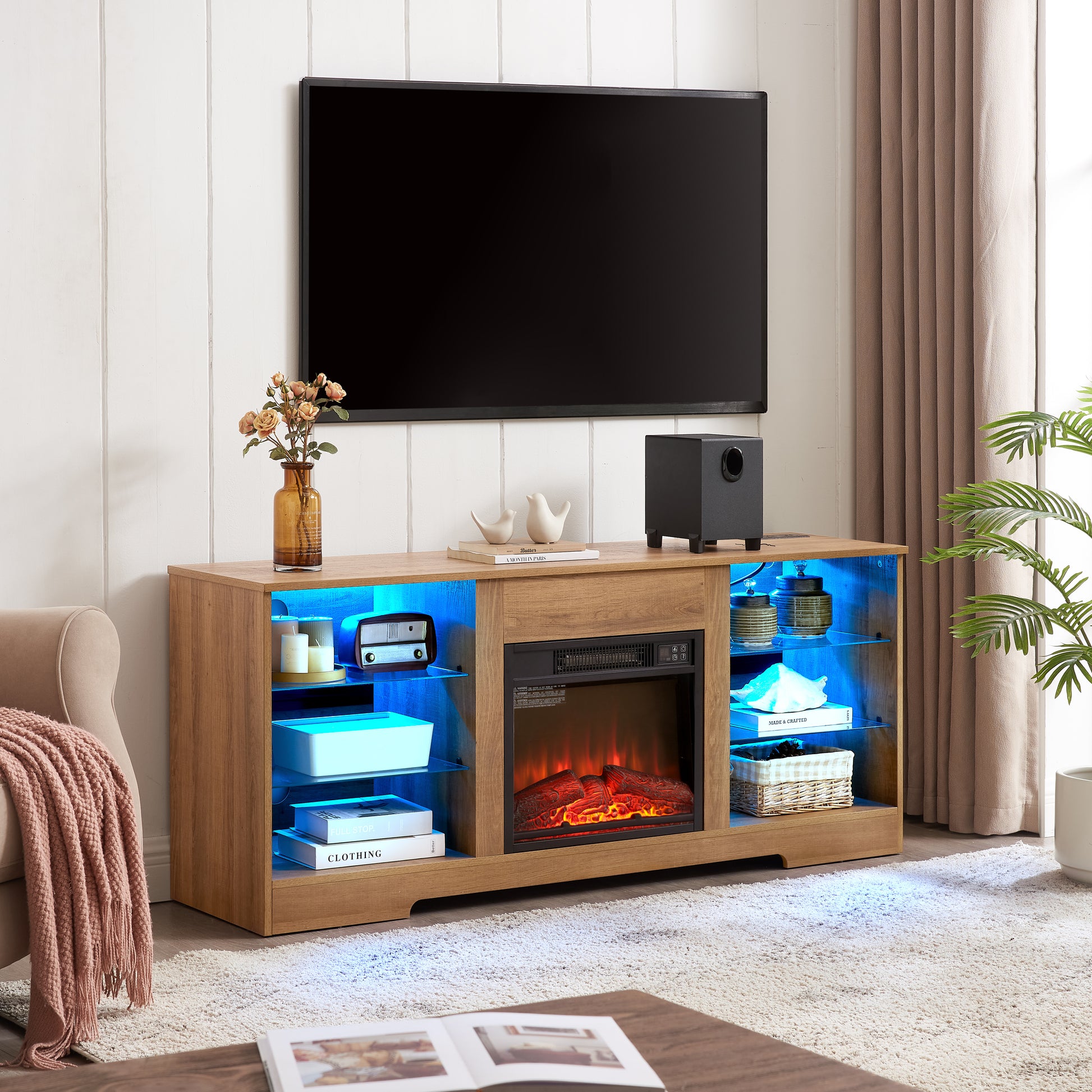 Tv Stand Electric Fireplace Glass Shelves, 3D Fireplace Tv Stand With Led Lights Wood With Usb Charging Outlet Modern Television Table Center For Tv Up To 62" Oak 58''W*15.5''D*24.4 Oak 60 69 Inches