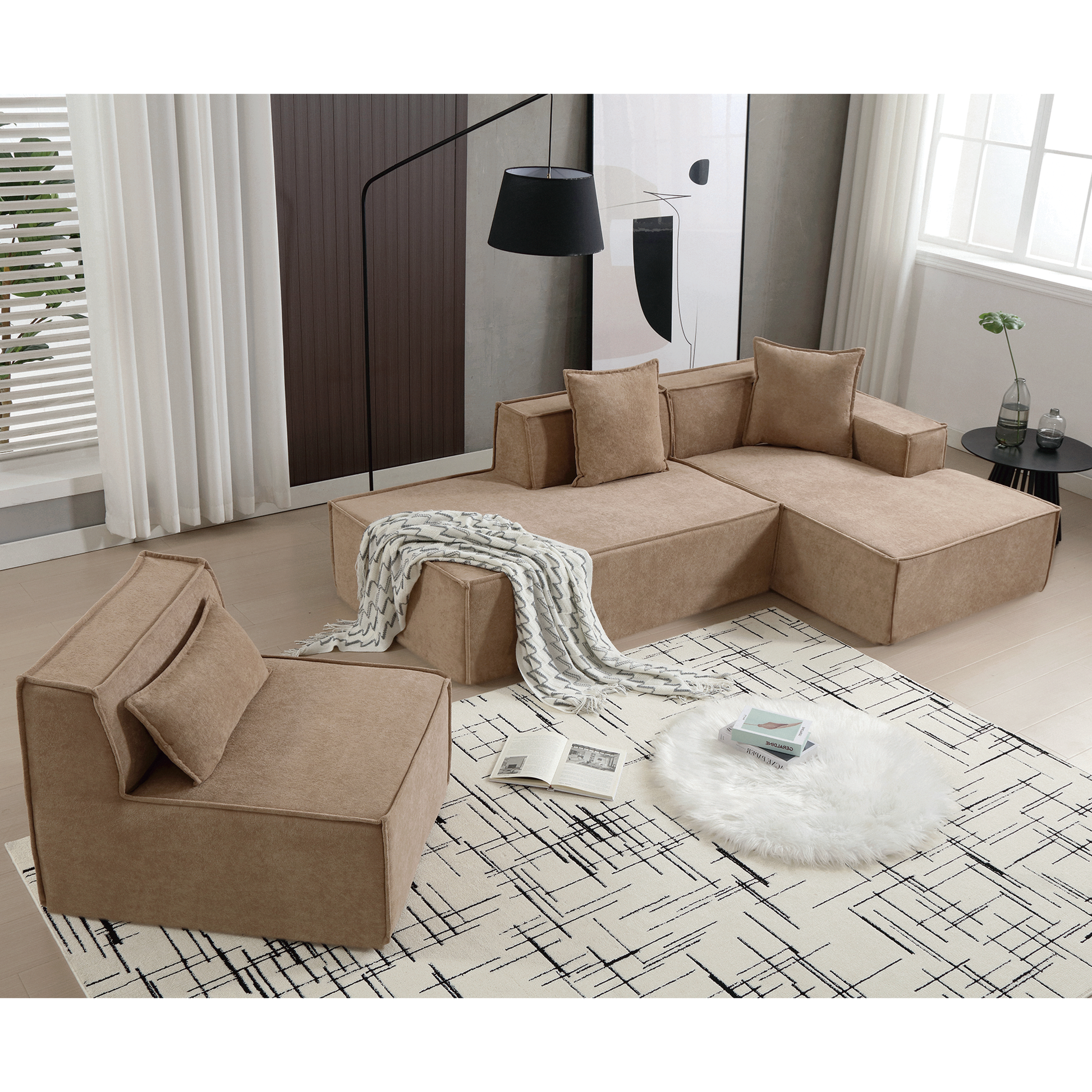 Modular Combination Sofa Set, Modern Minimalist Sofa, Free Installation Sofa, L Shaped, Italian Minimalist Tofu Block Sofa, Right Hand Facing,Terrycloth Fabric,Light Brown Light Brown Polyester Primary Living Space Soft Modern Polyester 3 Seat