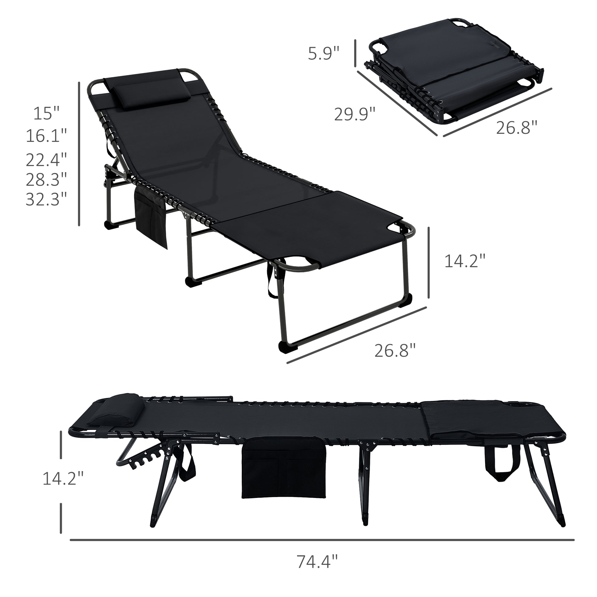 Outsunny 2 Piece Folding Chaise Lounge With 5 Level Reclining Back, Outdoor Tanning Chair With Reading Face Hole, Outdoor Lounge Chair With Side Pocket & Headrest For Beach, Yard, Patio, Black Black Steel