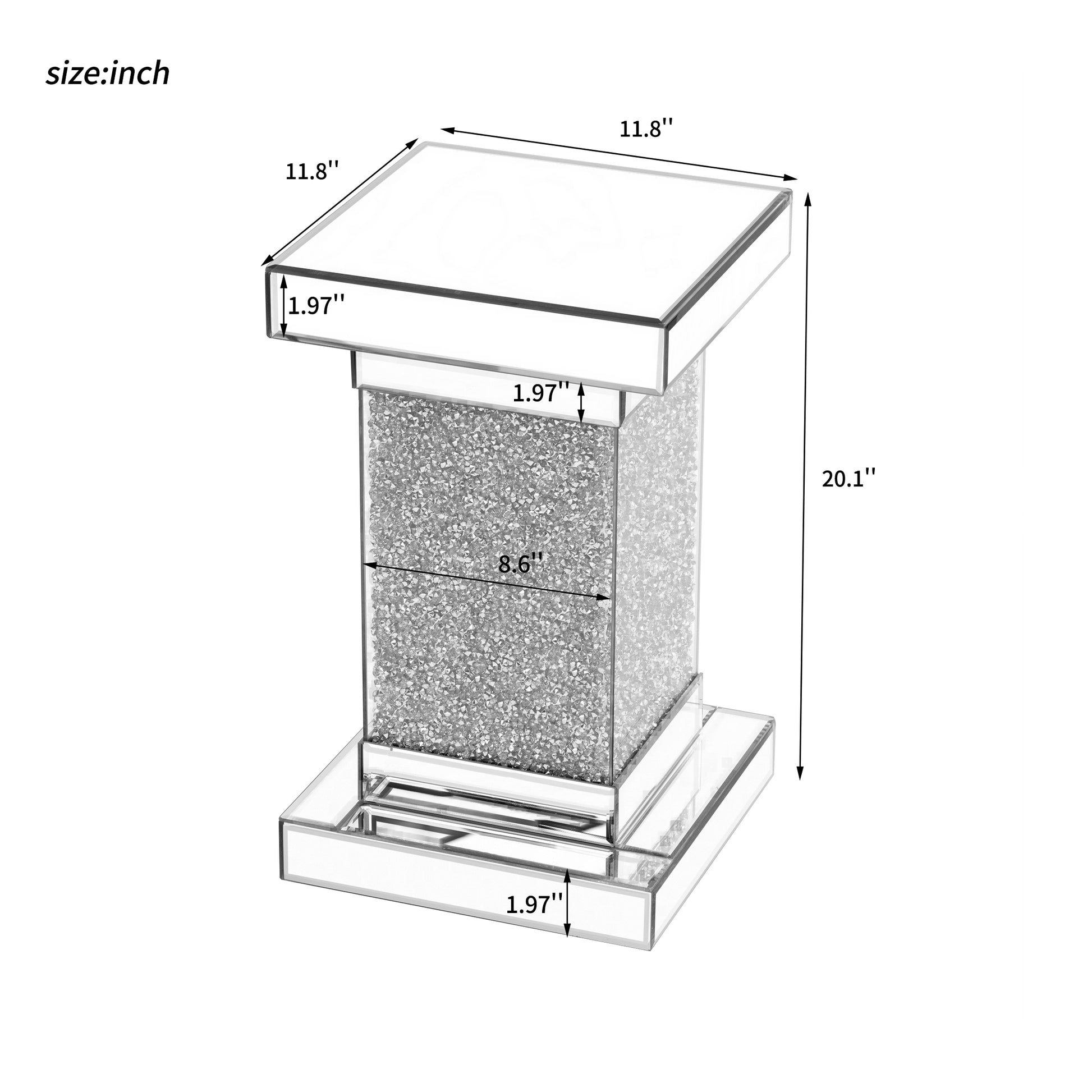 11.8'' Silver Square Mirrored End Table With Led Lights, Modern Side Table With Crushed Diamond For Living Room, No Assembly Required Silver Mirrored Finish Luxury,Modern Square Mdf Glass