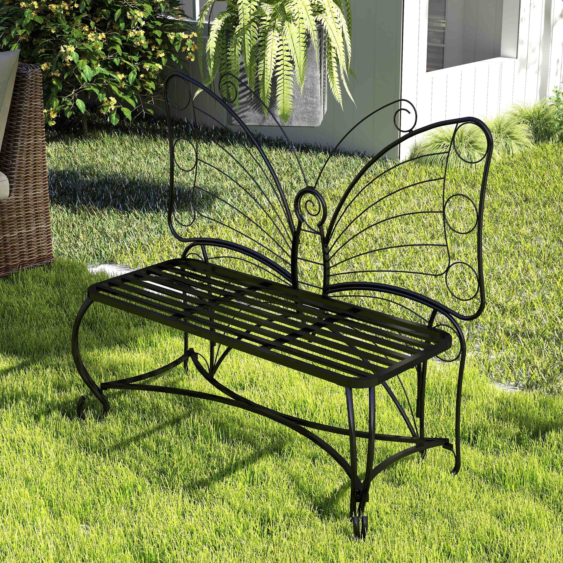 Butterfly Cast Metal Garden Bench, Outdoor Bench Patio Seat, Park Bench Outdoor Seating For Garden, Yard, Park, Entryway Black Garden & Outdoor 2 Person Seating Group Metal
