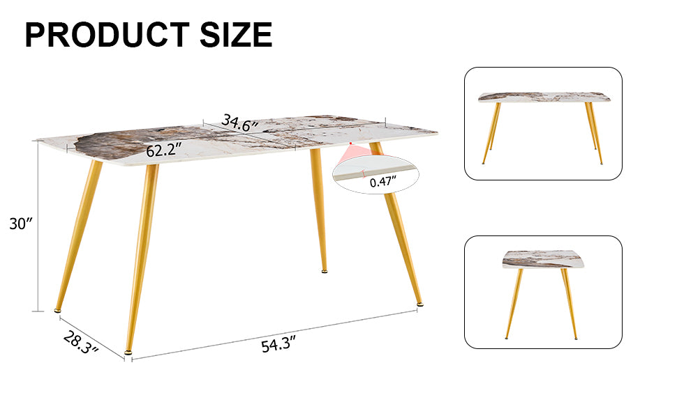 Modern Minimalist Dining Table. White Imitation Marble Pattern Sintered Stone Desktop With Golden Metal Legs.62.2"*34.6"*30" F 001 Gold Sintered Stone